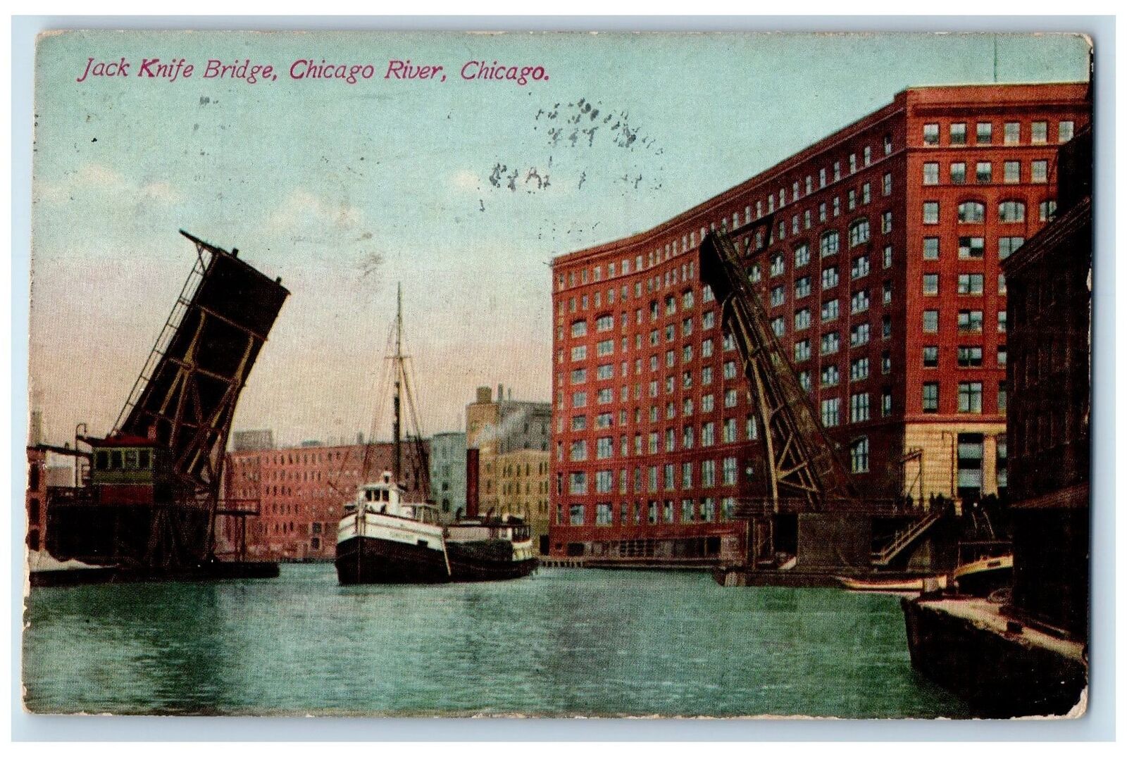 1911 Jack Knife Bridge Chicago River Steam Ship Chicago Illinois IL Postcard