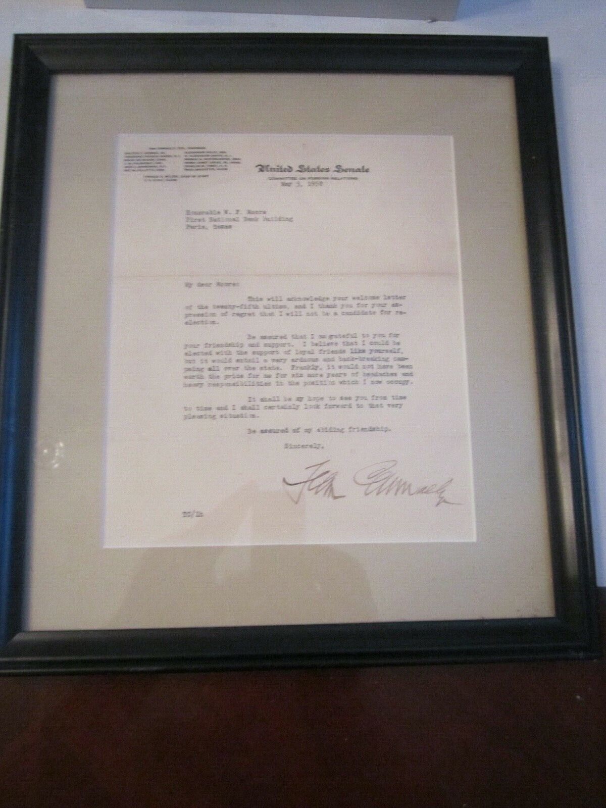 1952 TEXAS SENATOR TOM CONNALLY SIGNED LETTER - COMMITTEE ON FOREIGN RELATIONS