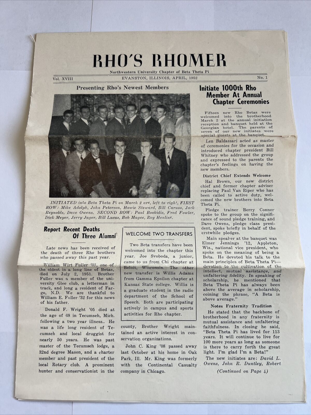 Vintage Rho’s Rhomer 1952 Northwestern University Beta Theta Pi Evanston IL WOW