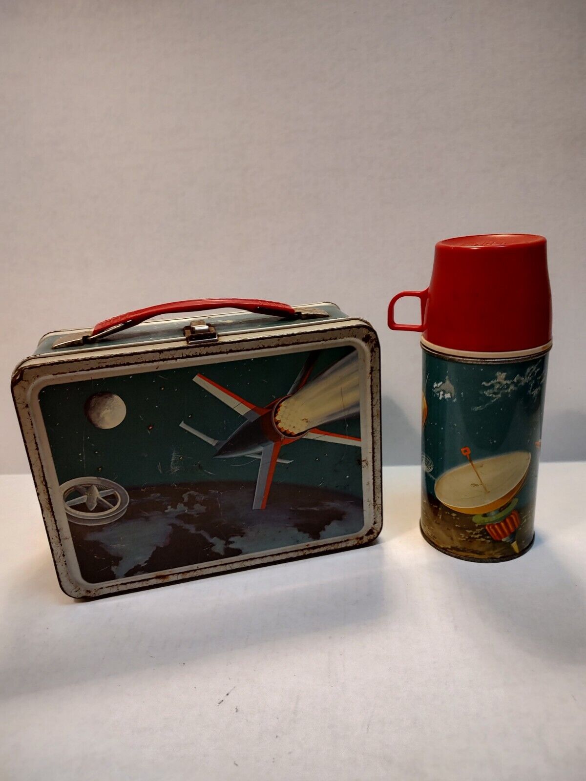 Vintage Space Themed Metal Lunchbox And Thermos