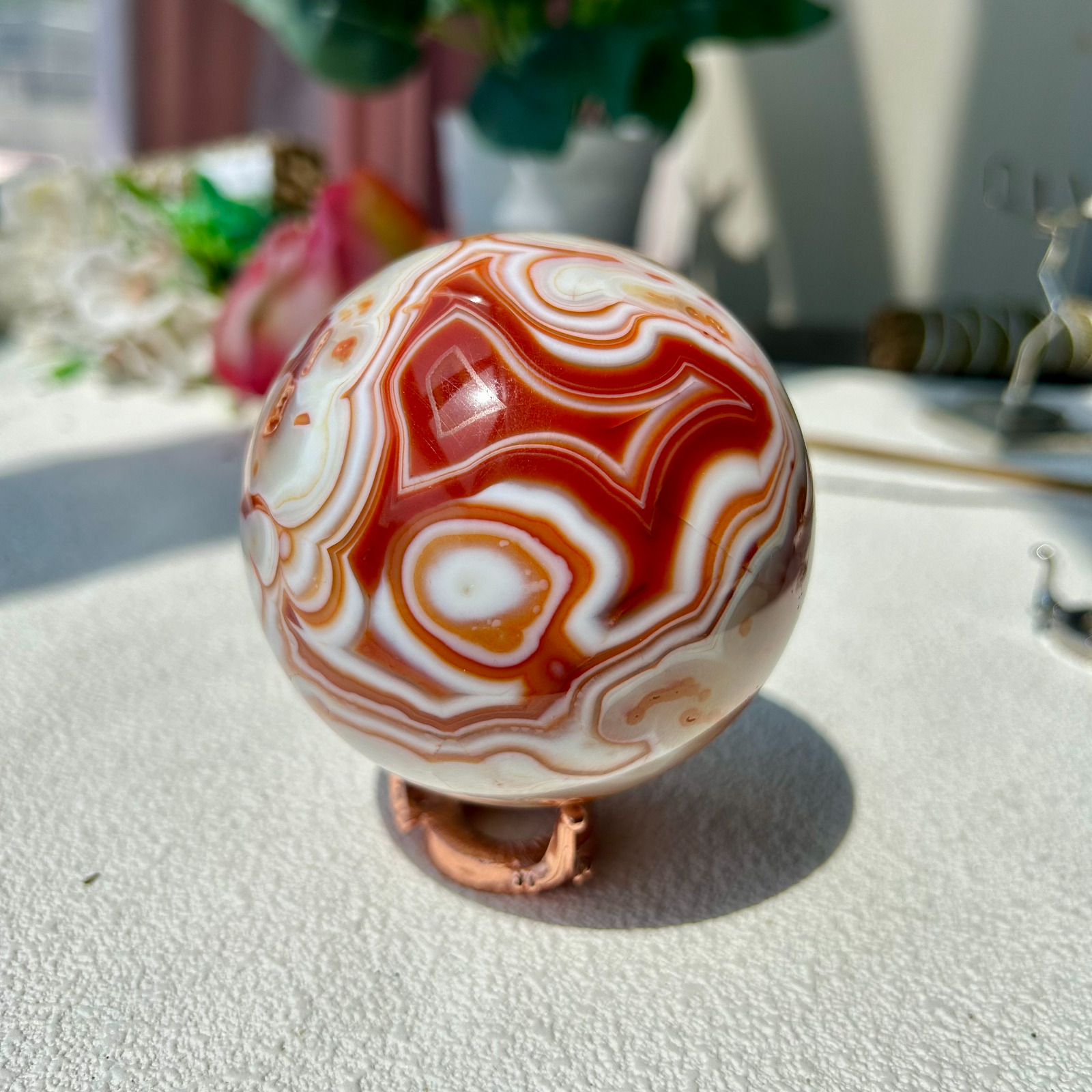 670g Banded Agate Round Eye Red Carnelian Quartz Crystal Sphere 79mm 1th