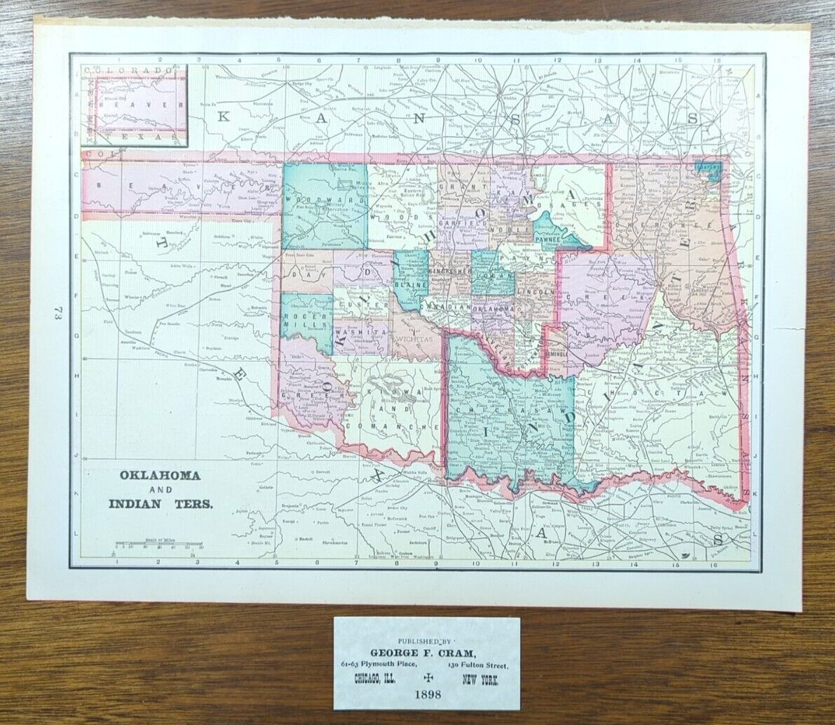 Vintage 1898 OKLAHOMA INDIAN TERRITORY Map 14\