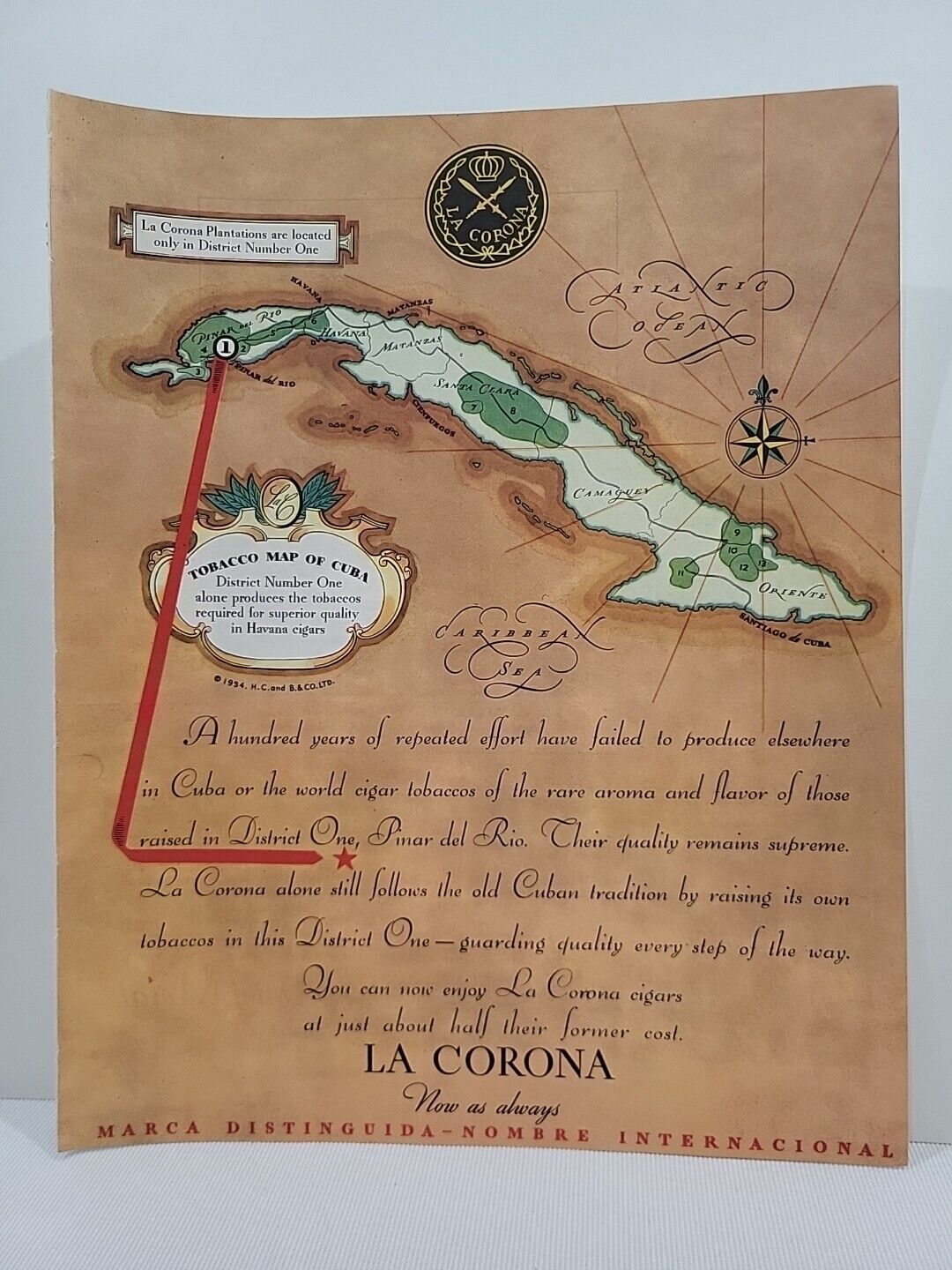 1934 La Corona Cigars Fortune Magazine Print Advertising Cuba Map Plantations