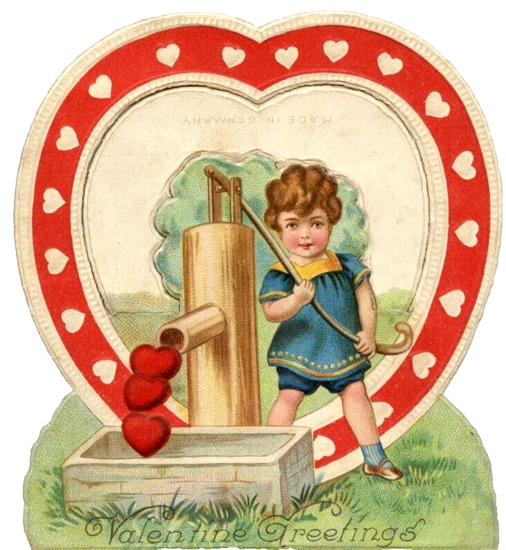 Antique Valentine Card Child Pump Hearts Victorian Stand Up German Die Cut