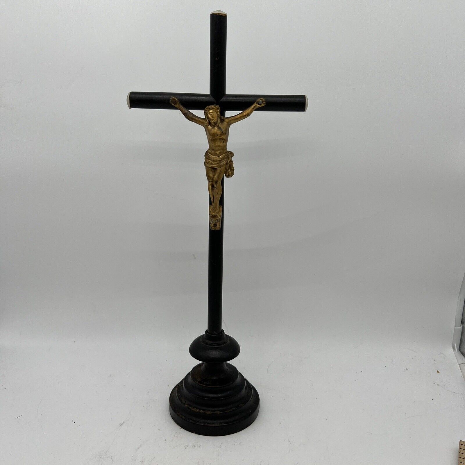 Antique Wooden Black Altar Crucifix Cross Free Standing