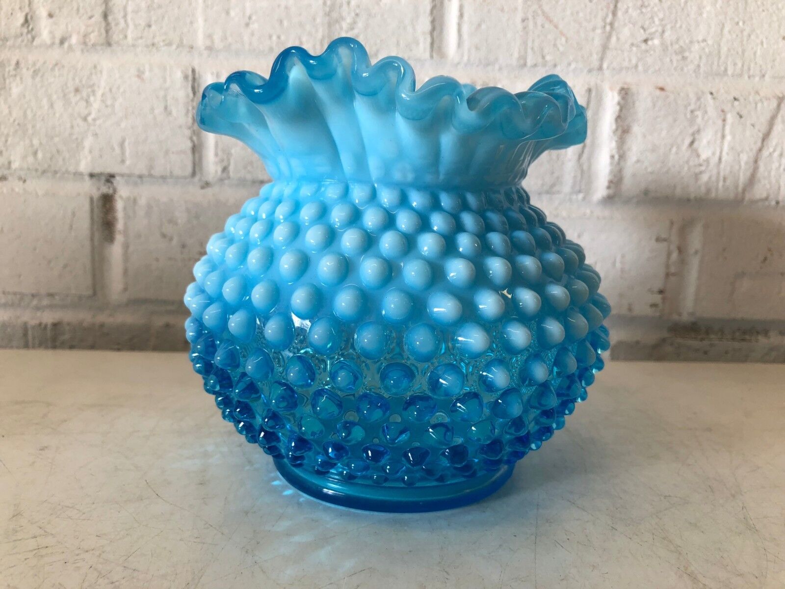 Vintage Fenton Hobnail Glass Blue Crimped Miniature Vase