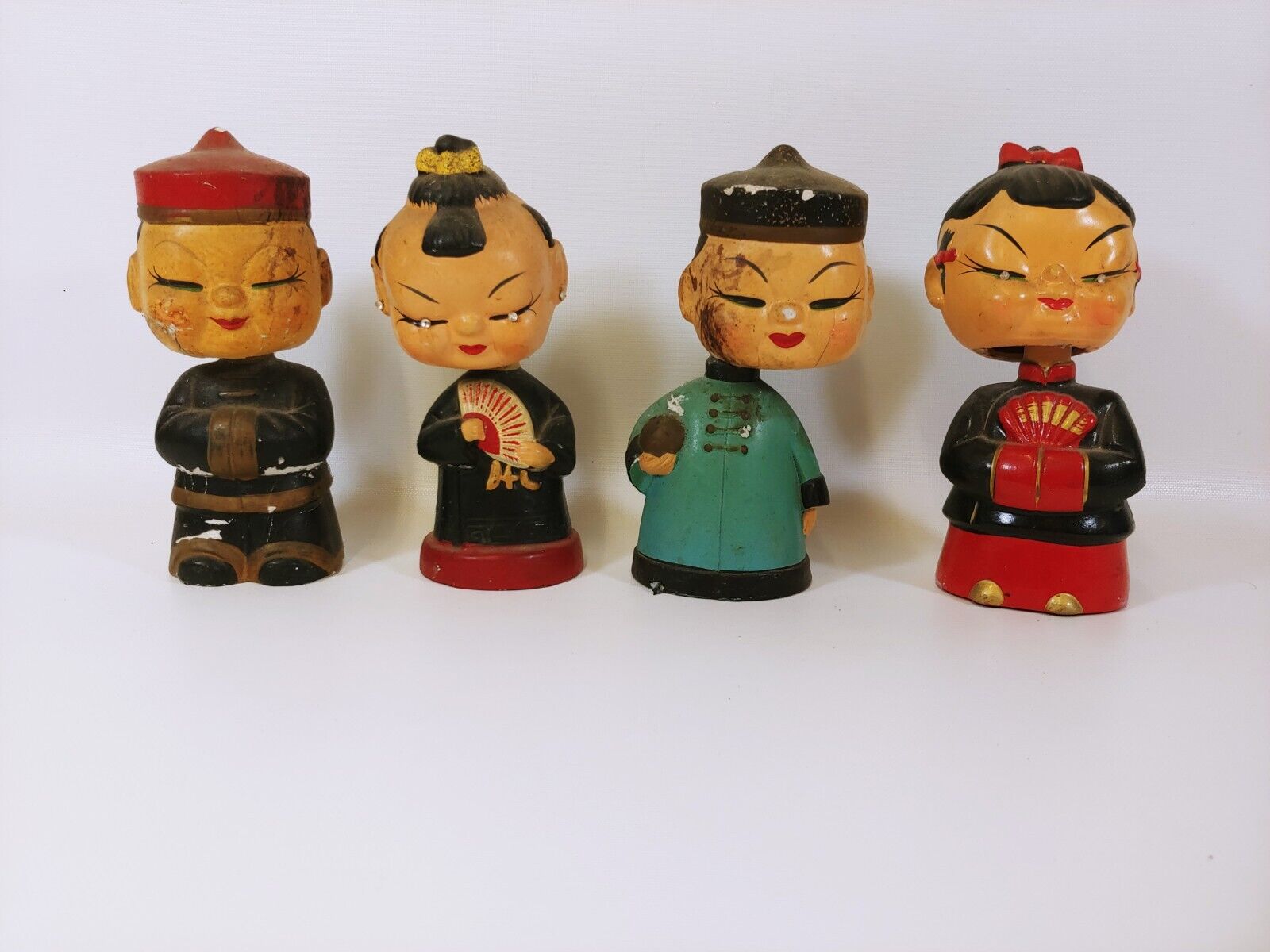 4x Vintage Oriental Composition Doll Bobbleheads Made In Japan