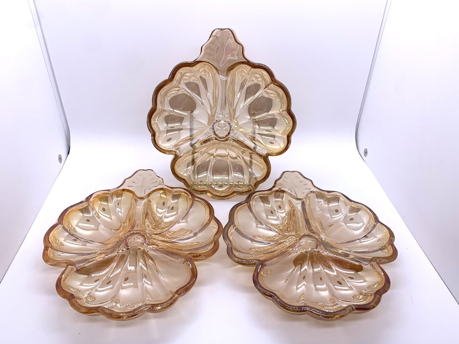 Vintage Jeannette Marigold Carnival Glass Clover Candy Nut Dish Bowl Set of 3
