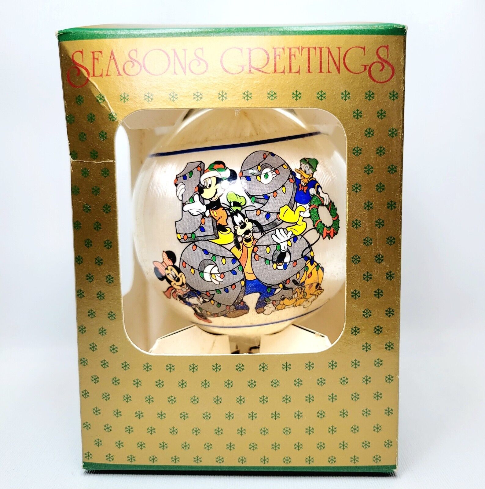 1998 Disney Happy Holidays Mickey Minnie Goofy Donald Pluto Ball Ornament NIB