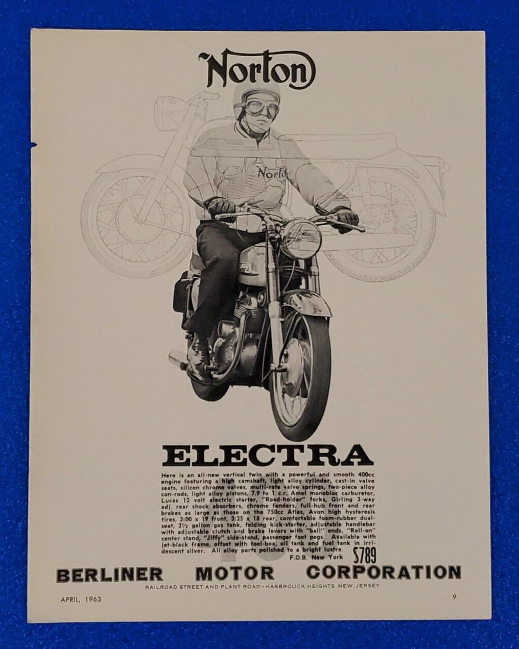 1963 ORIGINAL NORTON MOTORCYCLE VINTAGE PRINT AD ELECTRA VERTICAL TWIN LOT T-38