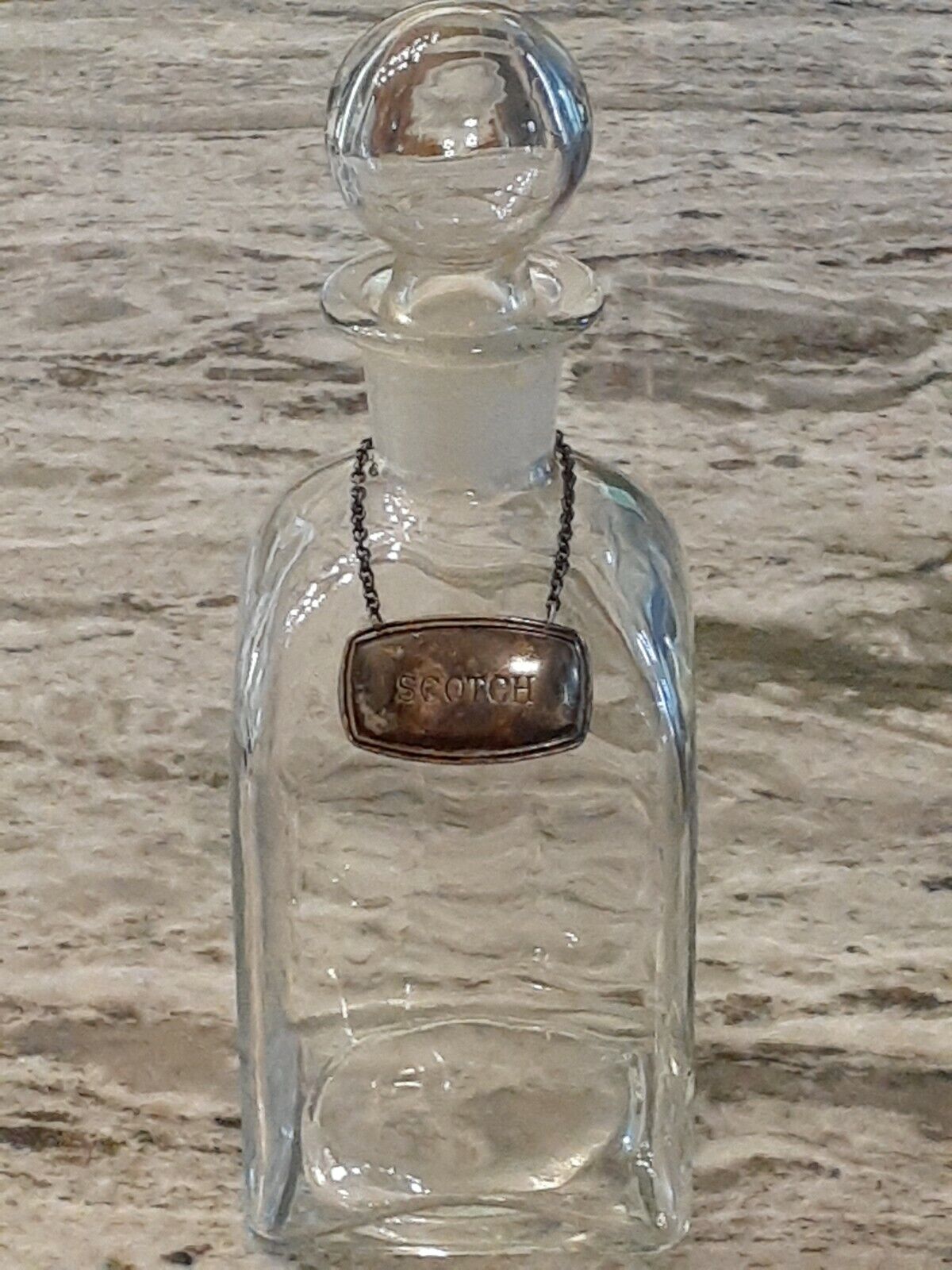 GREAT Antique SCOTCH Liquor DECANTER w/ ENGLISH SILVERPLATE Engraved TAG-Stopper