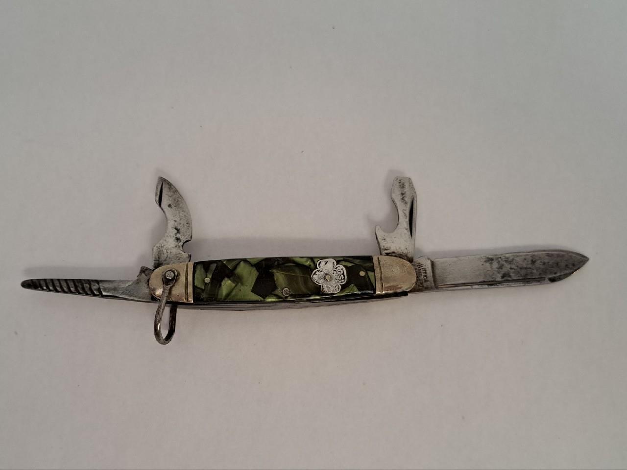 Utica Girl Scout Knife 4 blade 1930s Featherweight Green Marbleized Handle