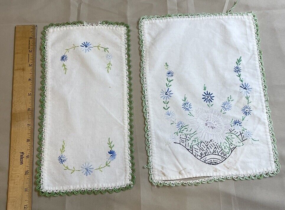 Antique White Table Scarf Set Of 2 - Handmade  With Crocheted Edge