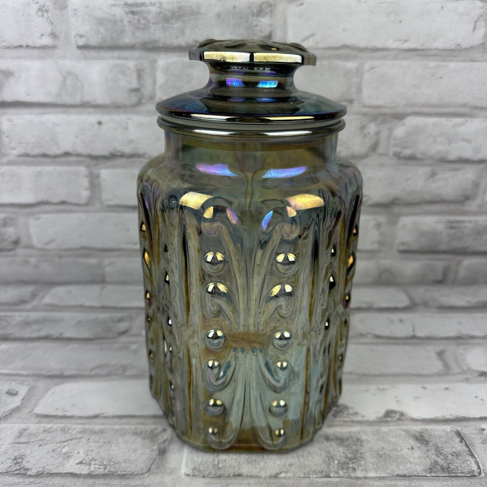 LE Smith Imperial Atterbury Scroll Canister Jar Iridescent Carnival 9\