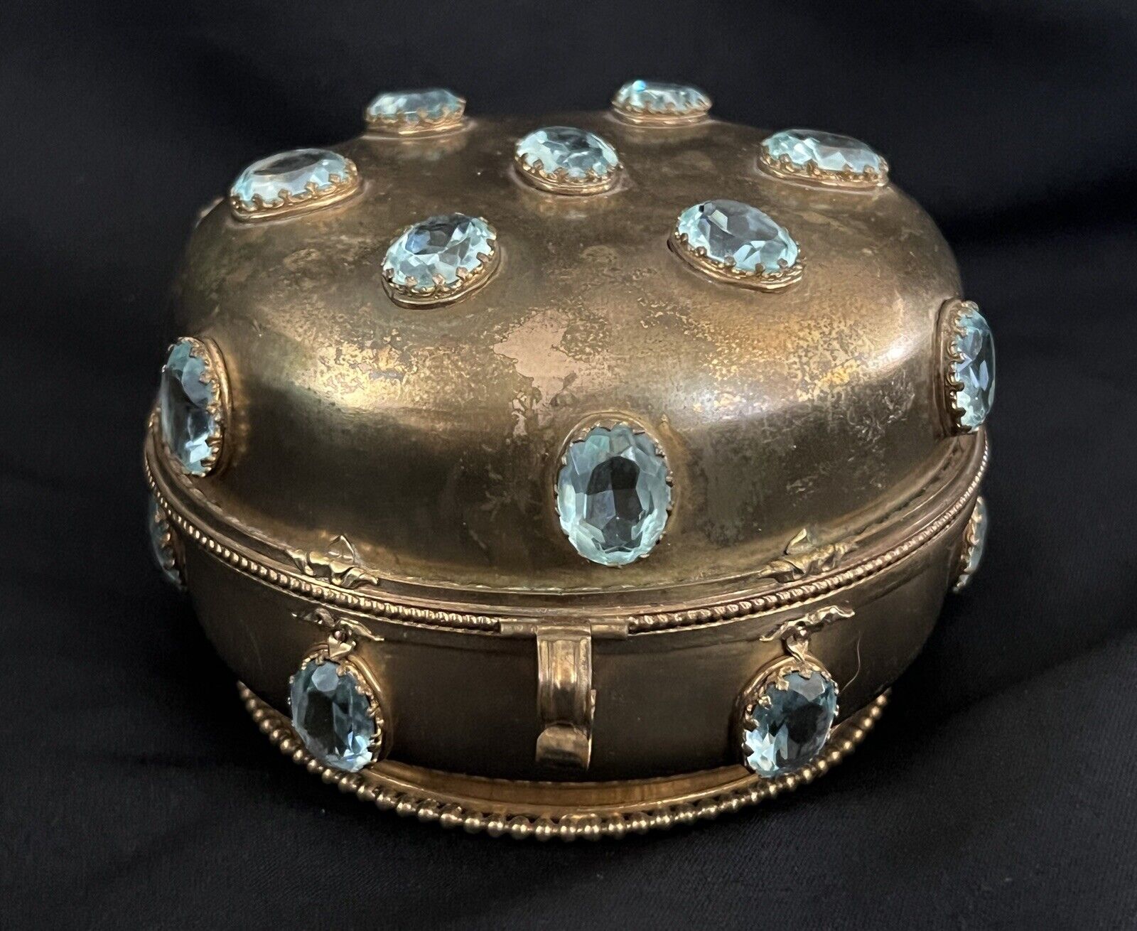 Antique Gold Tone Jeweled  Box,Aquamarine Glass decor from 1880th round shape