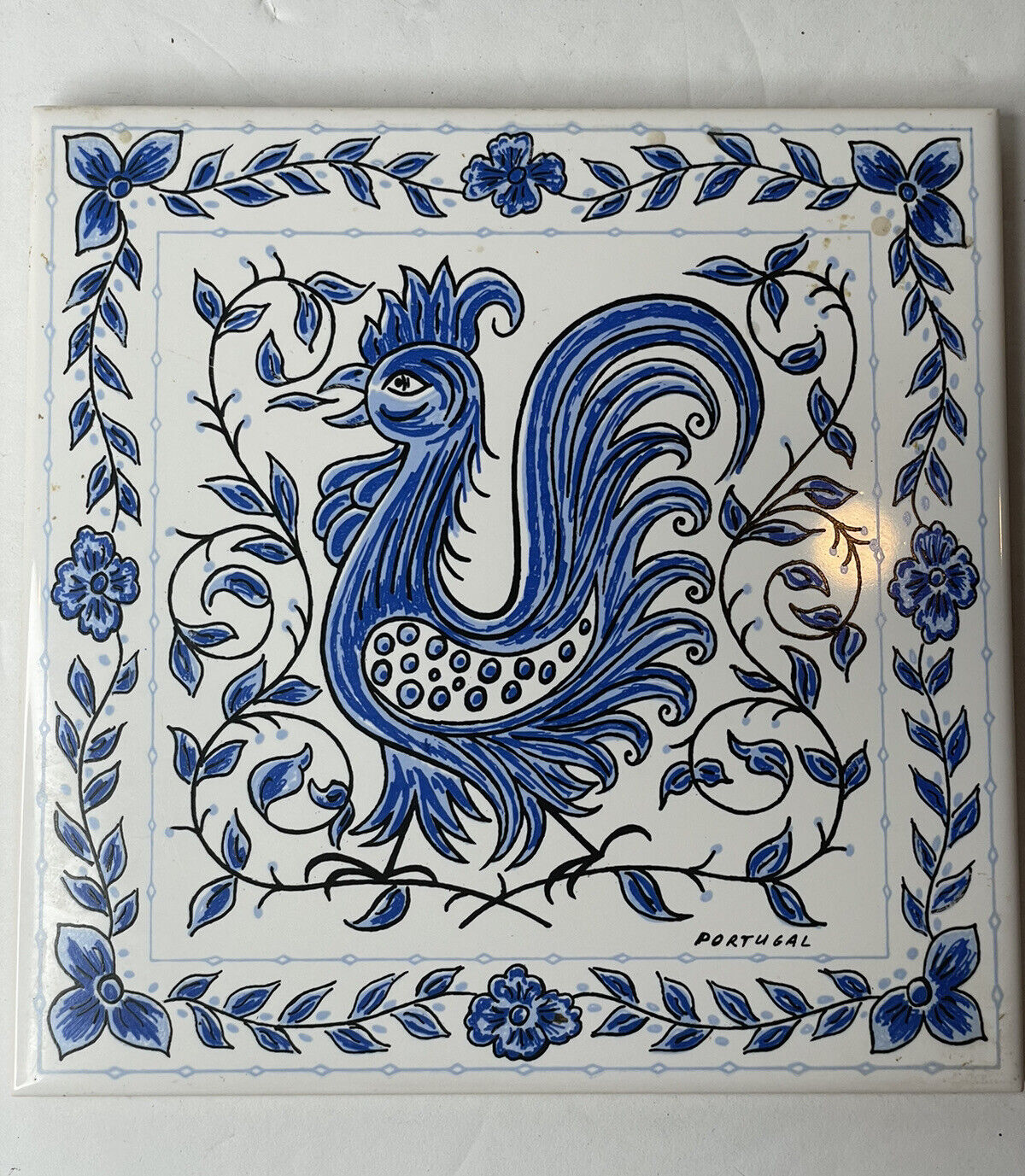Ceramic Tile Cork Trivet 6 inch Portugal Hand Painted Blue Floral Rooster Signed