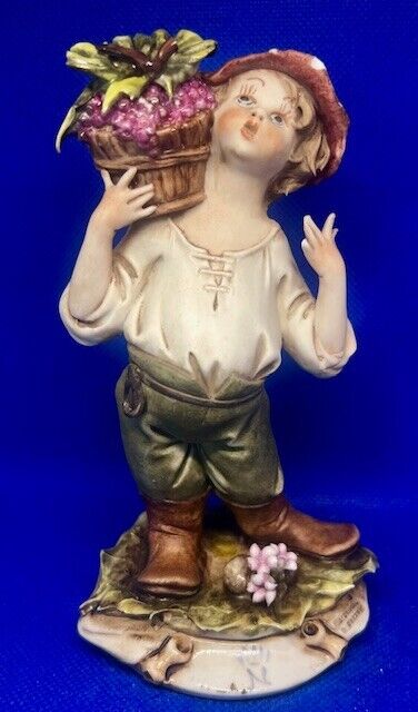 Vintage Young Vinyard Boy Grape Flower Basket Porcelain Figurine