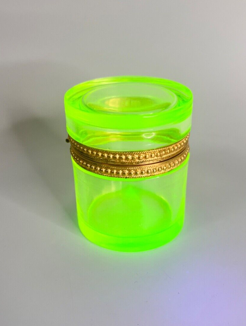 Antique French Cylindrical Ormolu Brass Mount Uranium Green Vaseline Glass Box