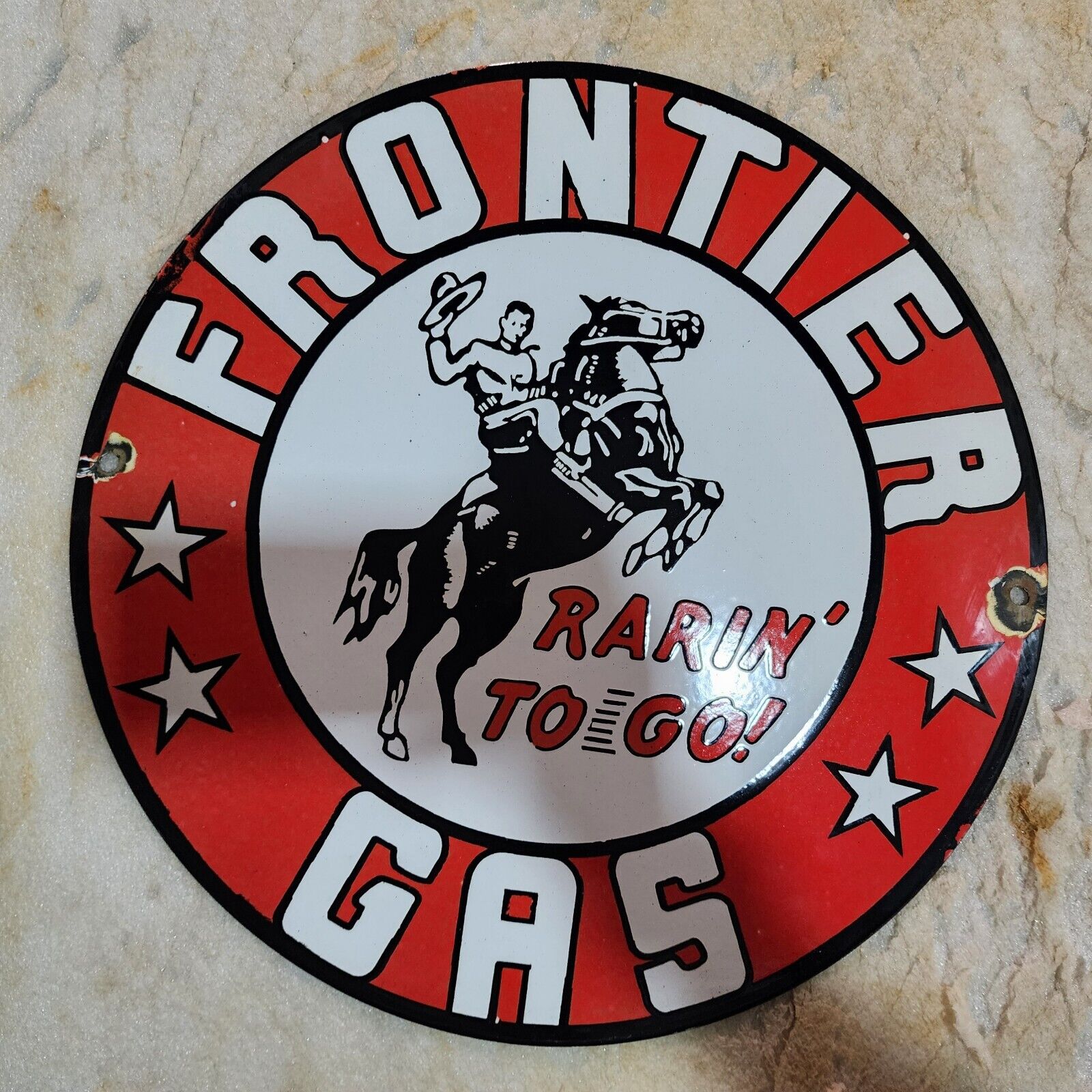 FRONTIER GAS 16 INCHES ROUND ENAMEL SIGN