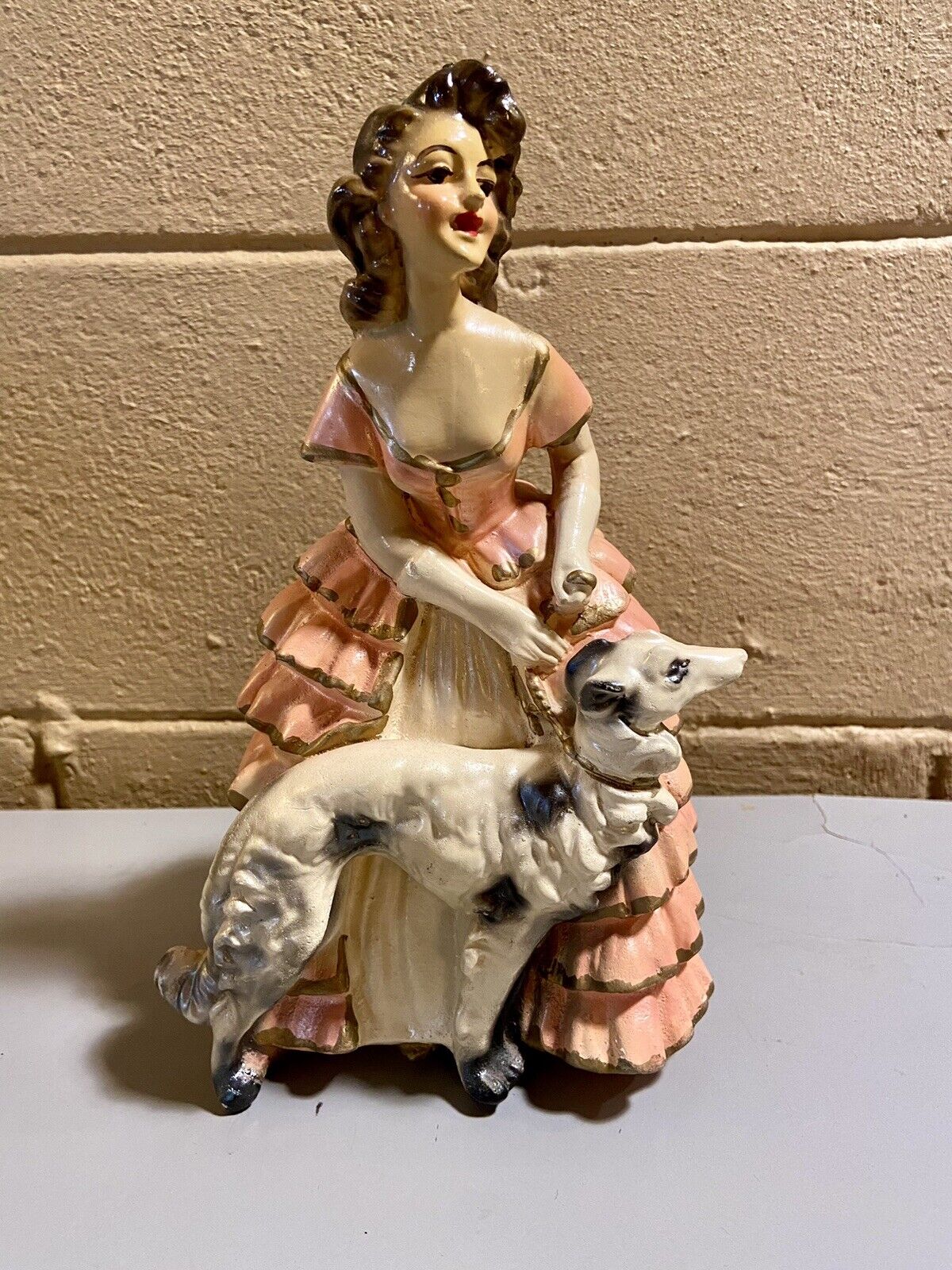 Vintage  1950\'s MCM Chalkware Lady with Dog Carnival  Figurine Statue 11\