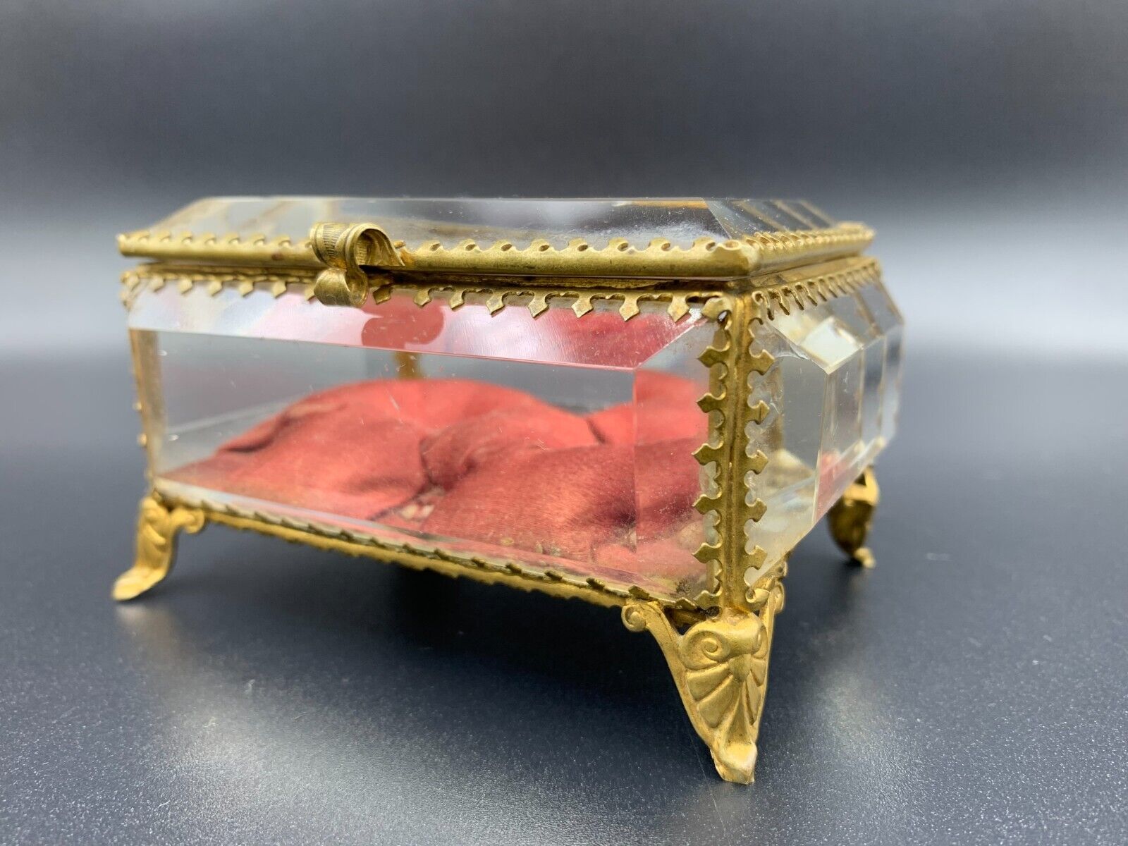19th C. French Jewellery Casket Box Bevelled Faceted Glass Panels & Gilt Brass