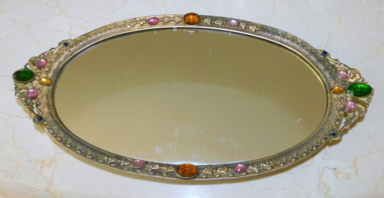 ANTIQUE VINTAGE JEWELED OVAL MIRROR FOOTED DRESSER TRAY