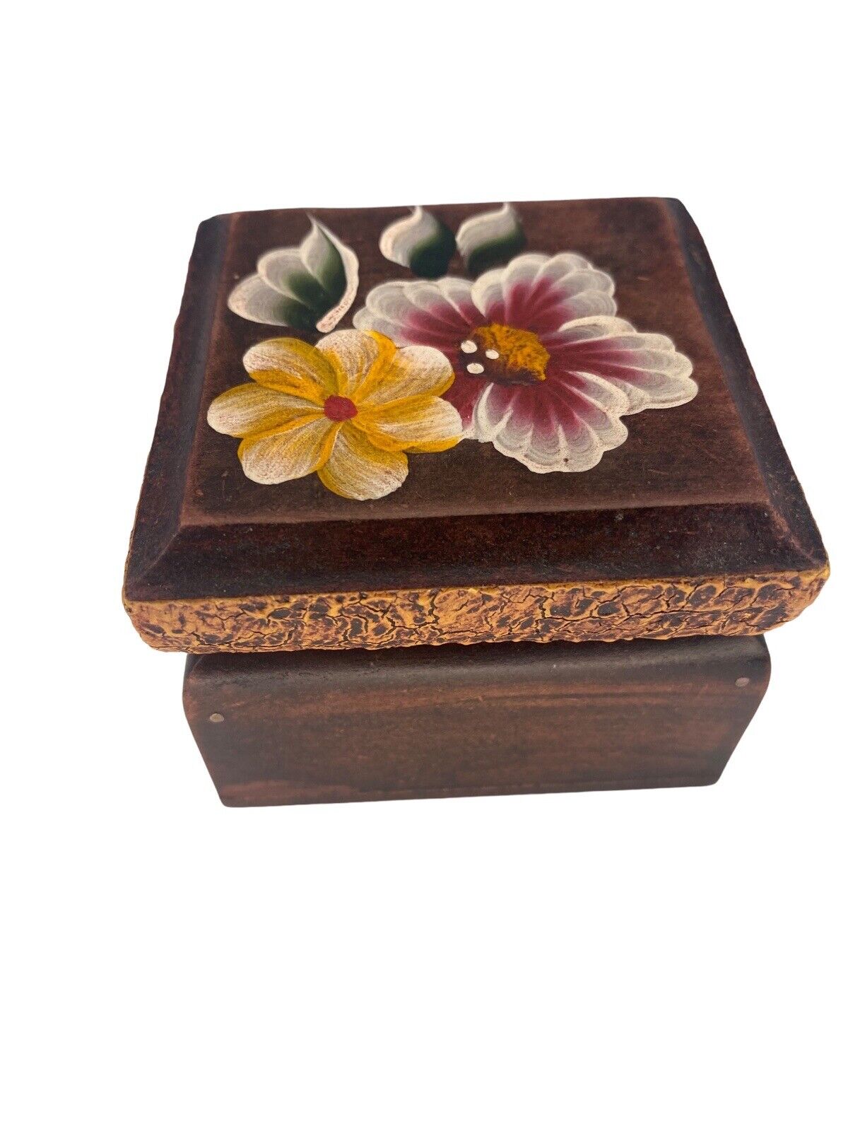 Floral Hand Painted Wood  Trinket Jewelry Gift Box\\Square Boho Artisan