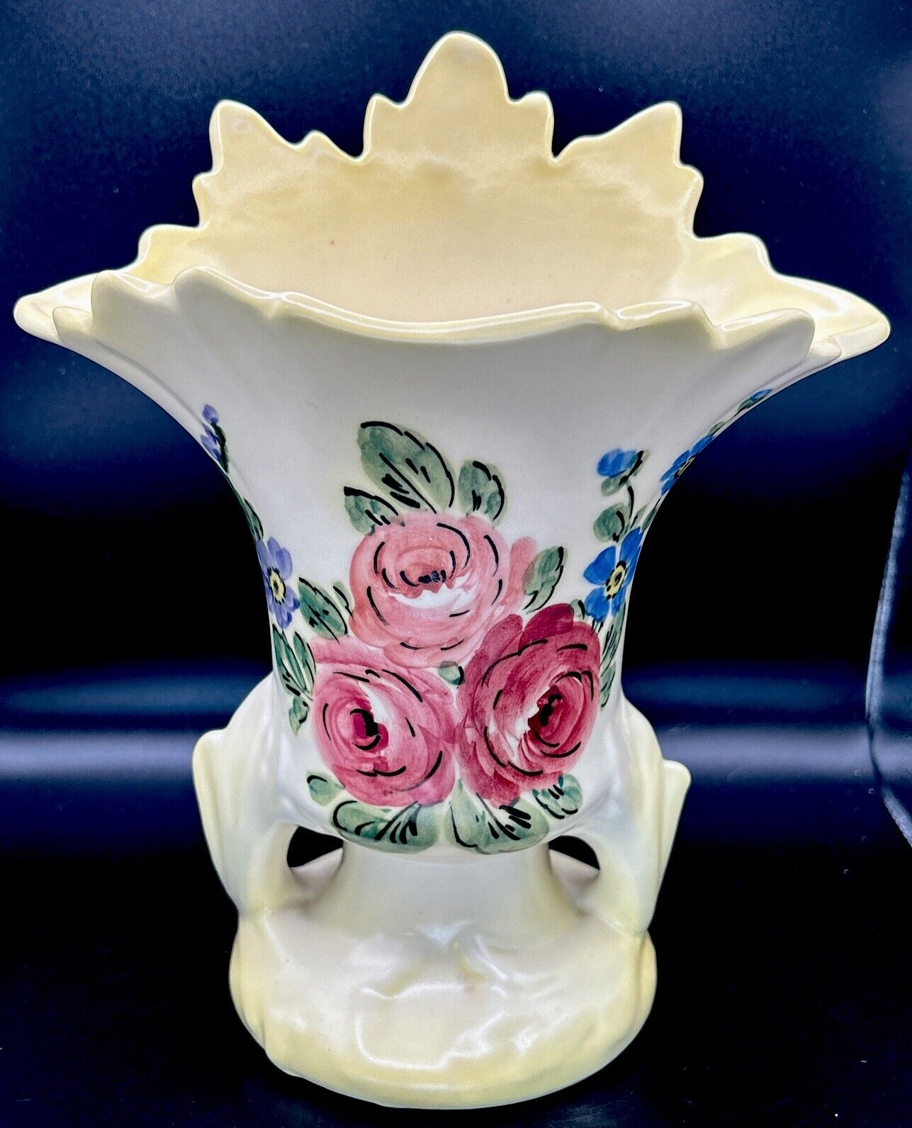 Vintage Camark Art Pottery Vase Planter Handles Leaf Shaped Yellow Floral Design