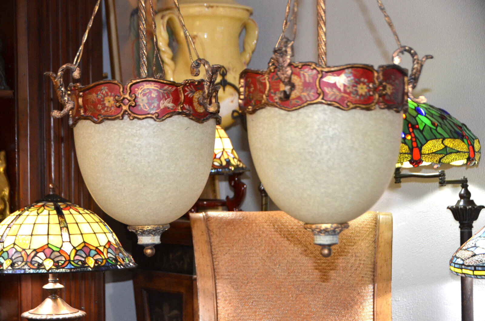 Pair Tracy Porter Neoclassical Gilt Hand Painted 3 Socket Pendant Lights