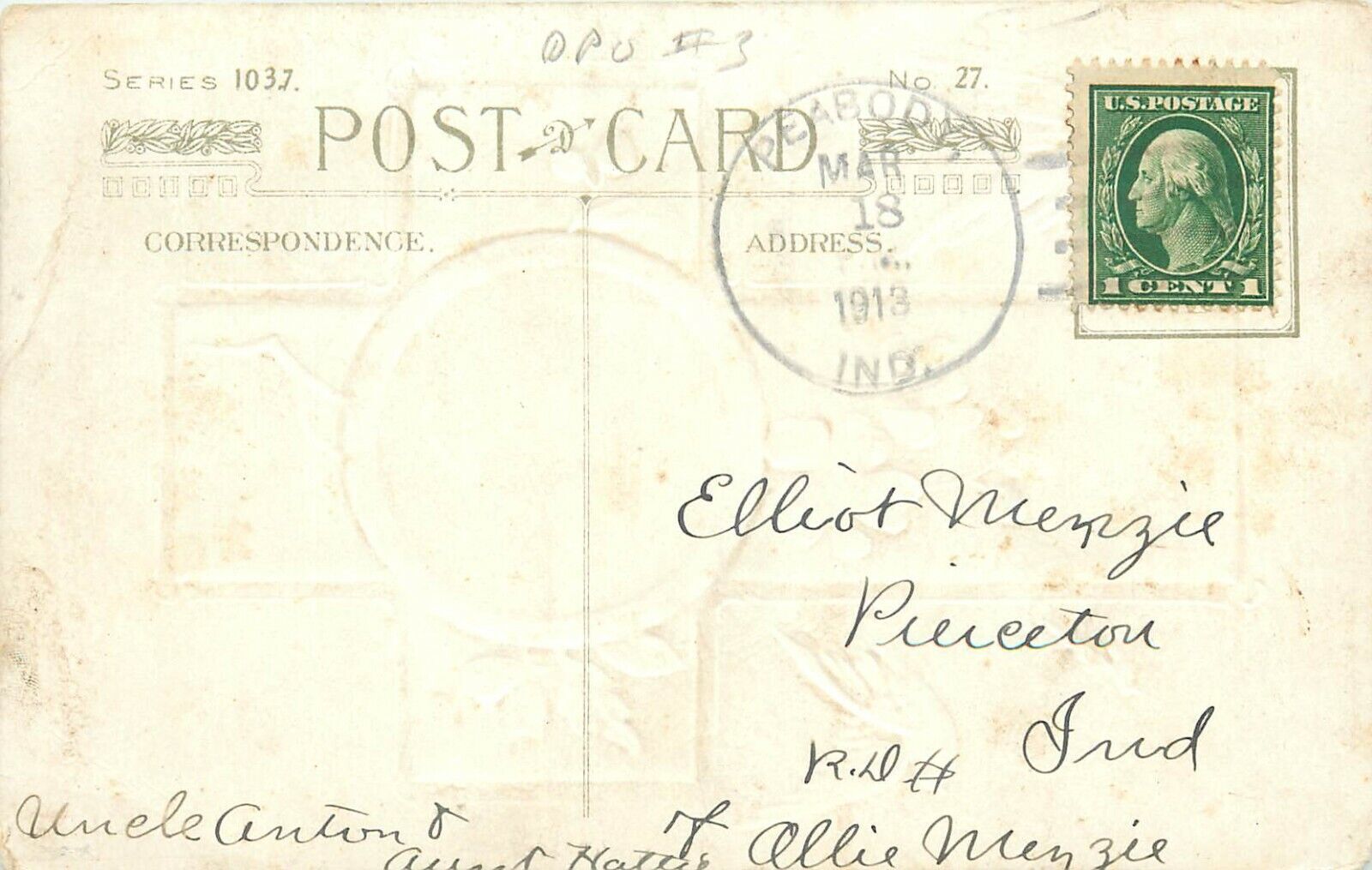 c1910 Easter Postcard Series 1037, DPO 3 Cancellation Peabody IN Washington Twp