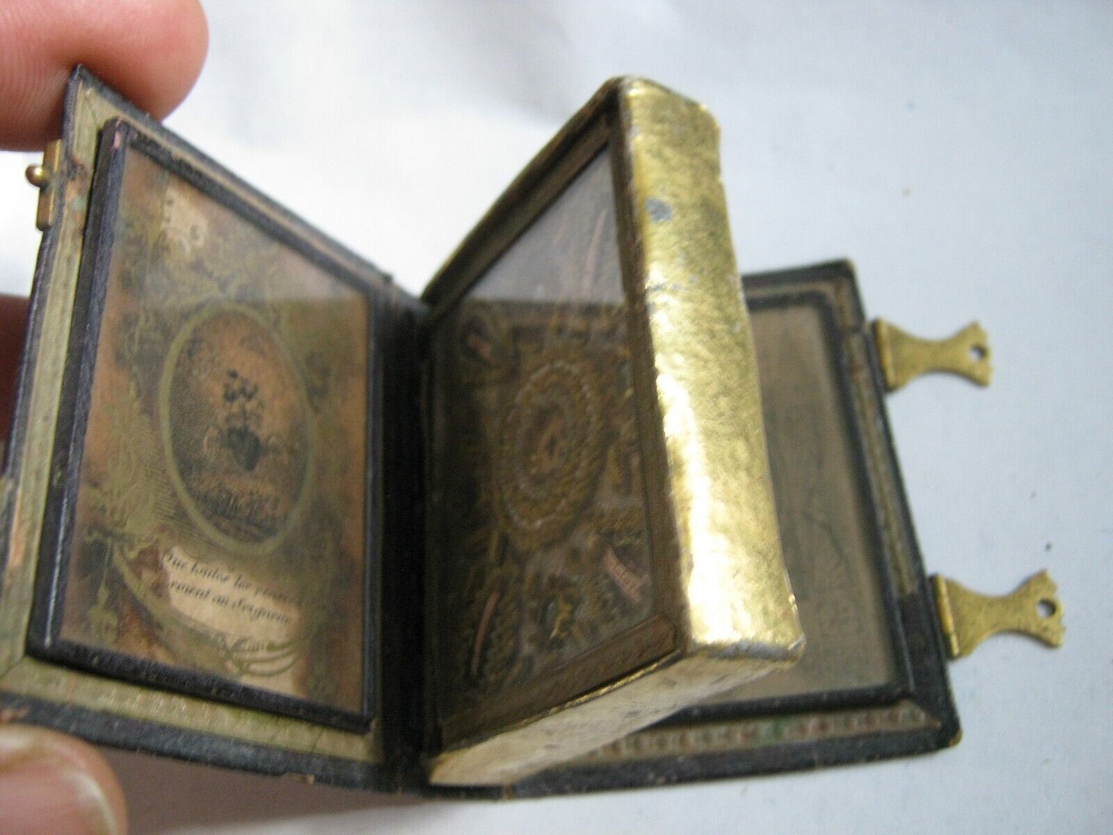 1850s French Leather Book Reliquary Sacred Heart & Lamb w/ Saints, Gold Silver