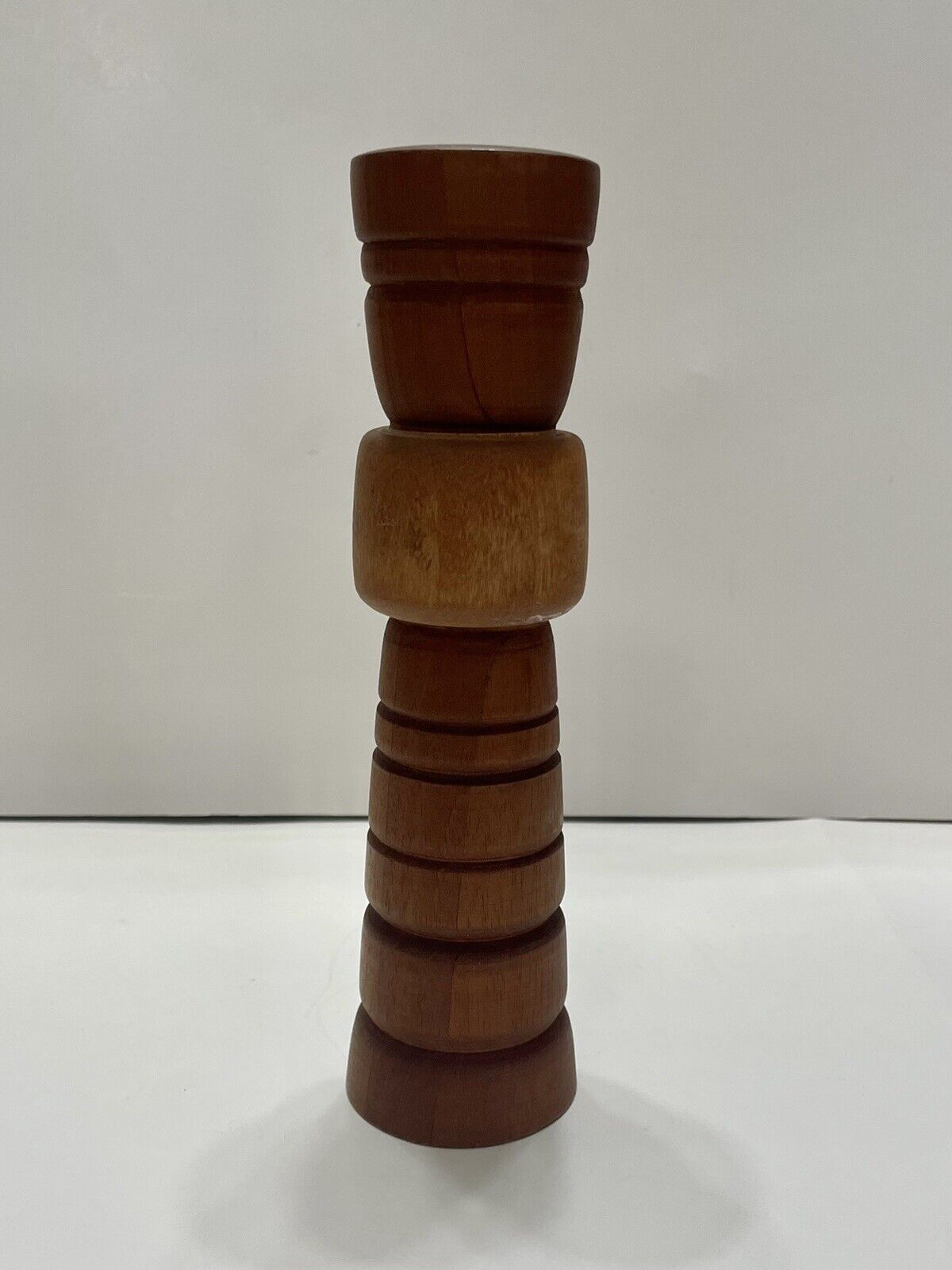 Mid Century Modern Wood Carved Taper Candlestick Holder Smooth Stain 9.5” Tall