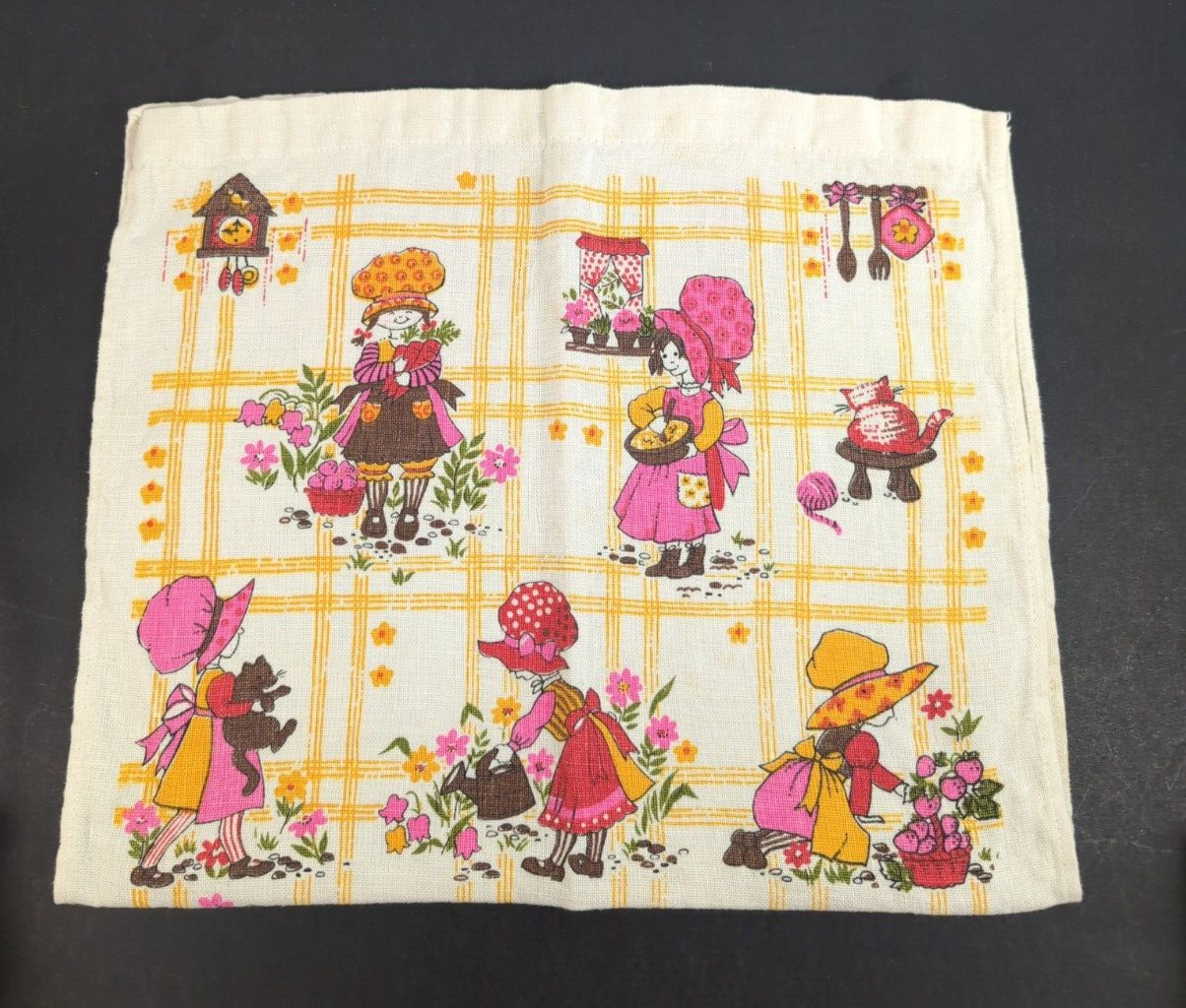 Vintage Holly Hobbie Dish Towel Printed 1976 Year Calendar Towel Pink Cottage