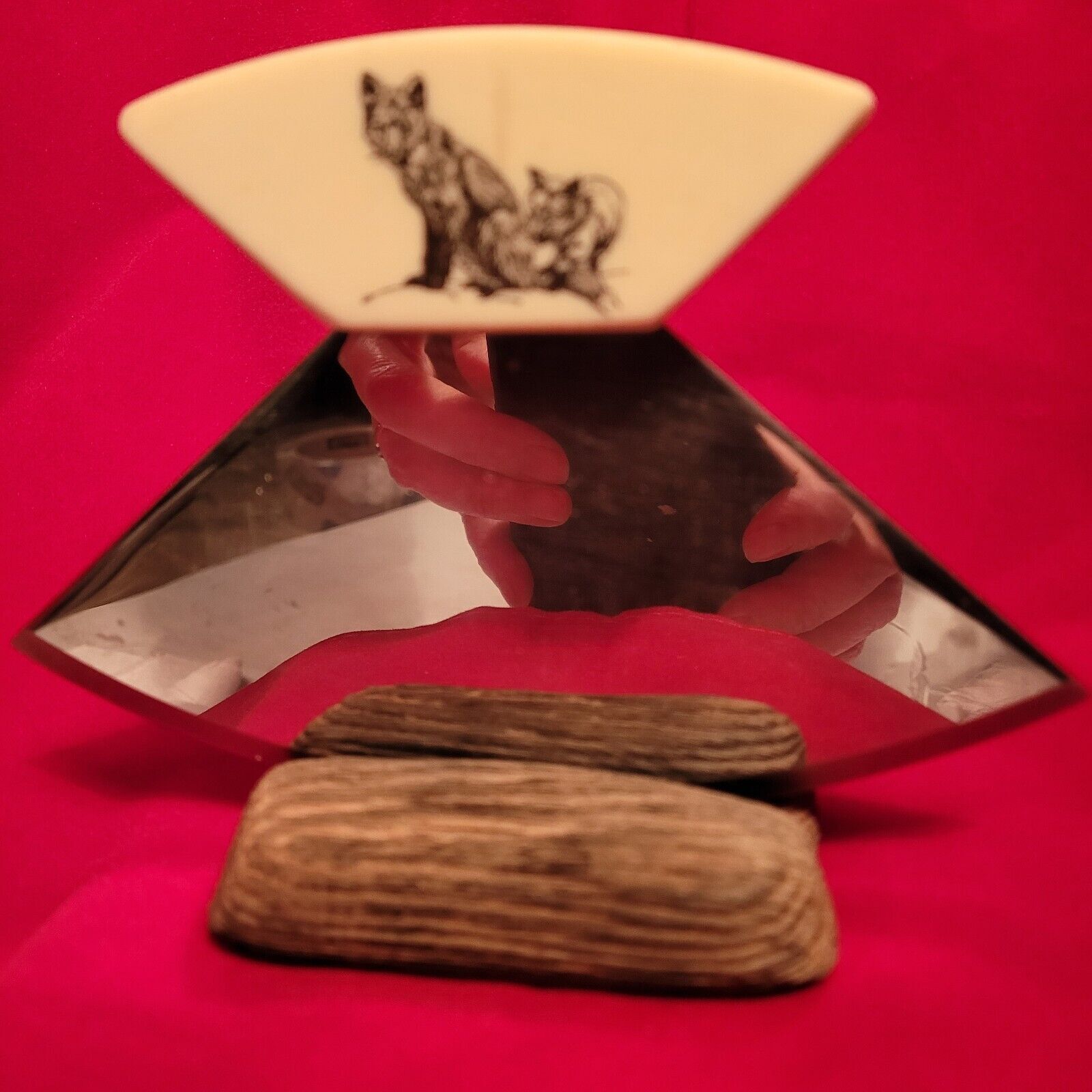 Vintage Ulu Alaskan Knife With Fox Scrimshaw And Rustic Wood Stand