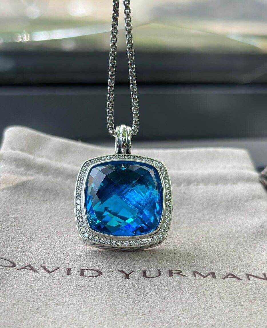 DAVID YURMAN Albion Sterling Silver 20mm Blue Topaz Pave Diamond  Necklace 20 In