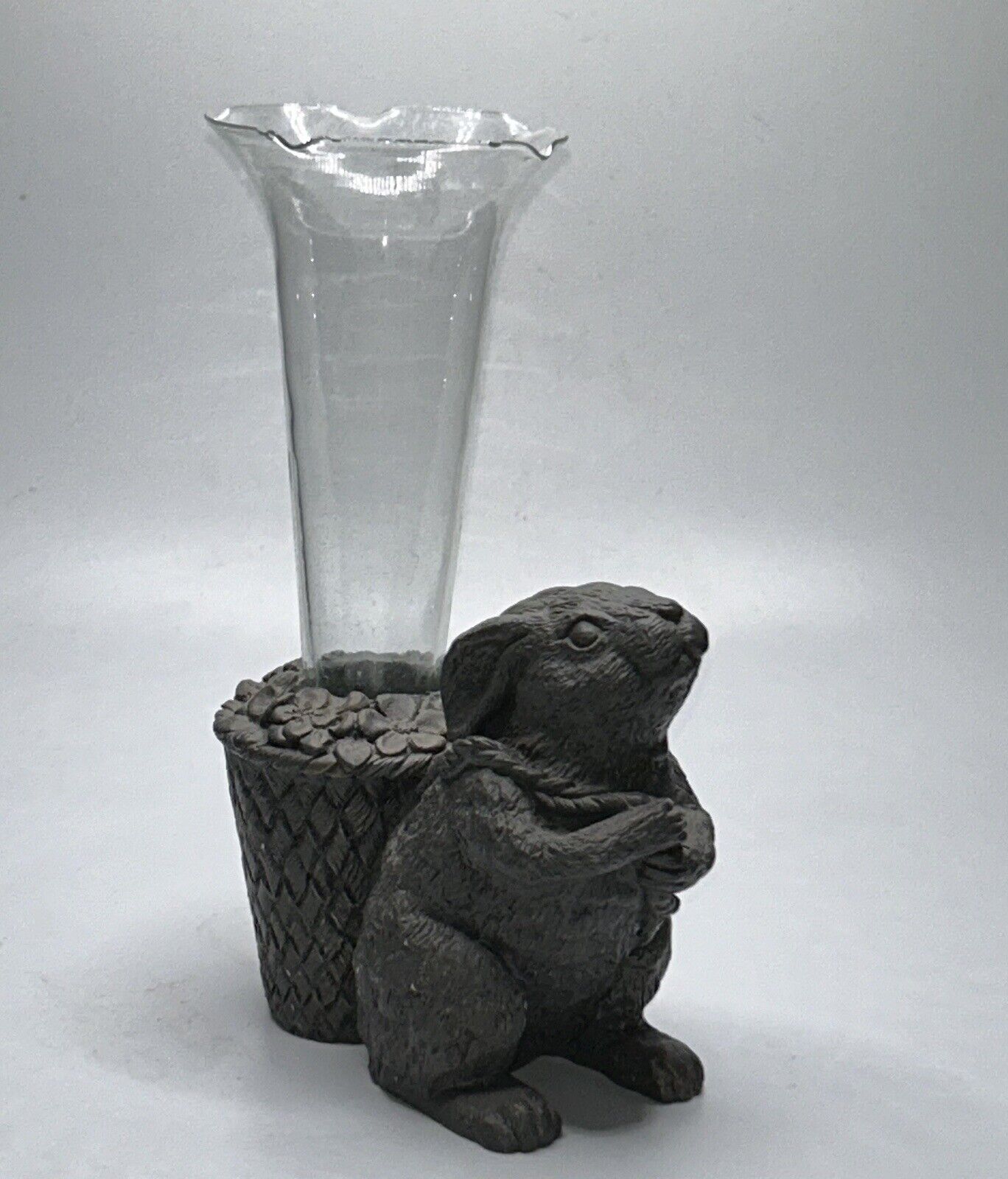 Rabbit & Basket Bud Vase w Glass Insert Flower Holder Bunny Figurine Vase