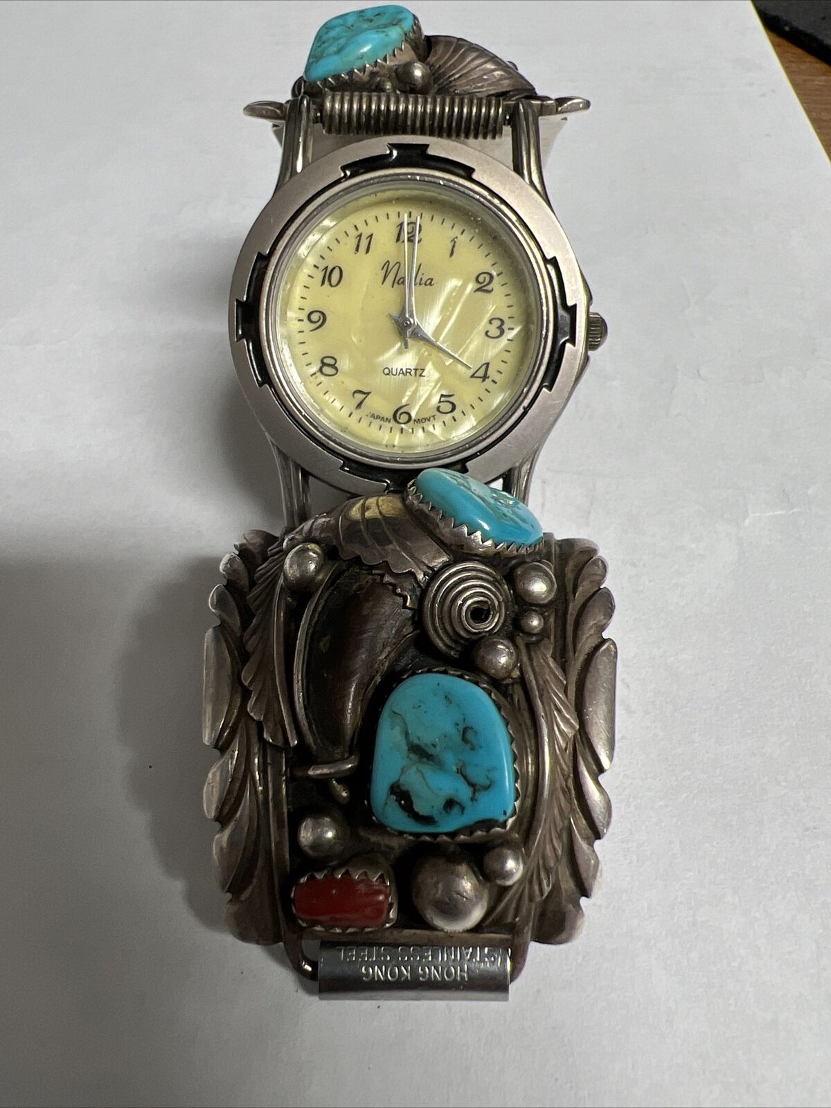 VTG Nadia Watch W/ Navajo Sterling Turquoise Coral Tips Elaine Sam
