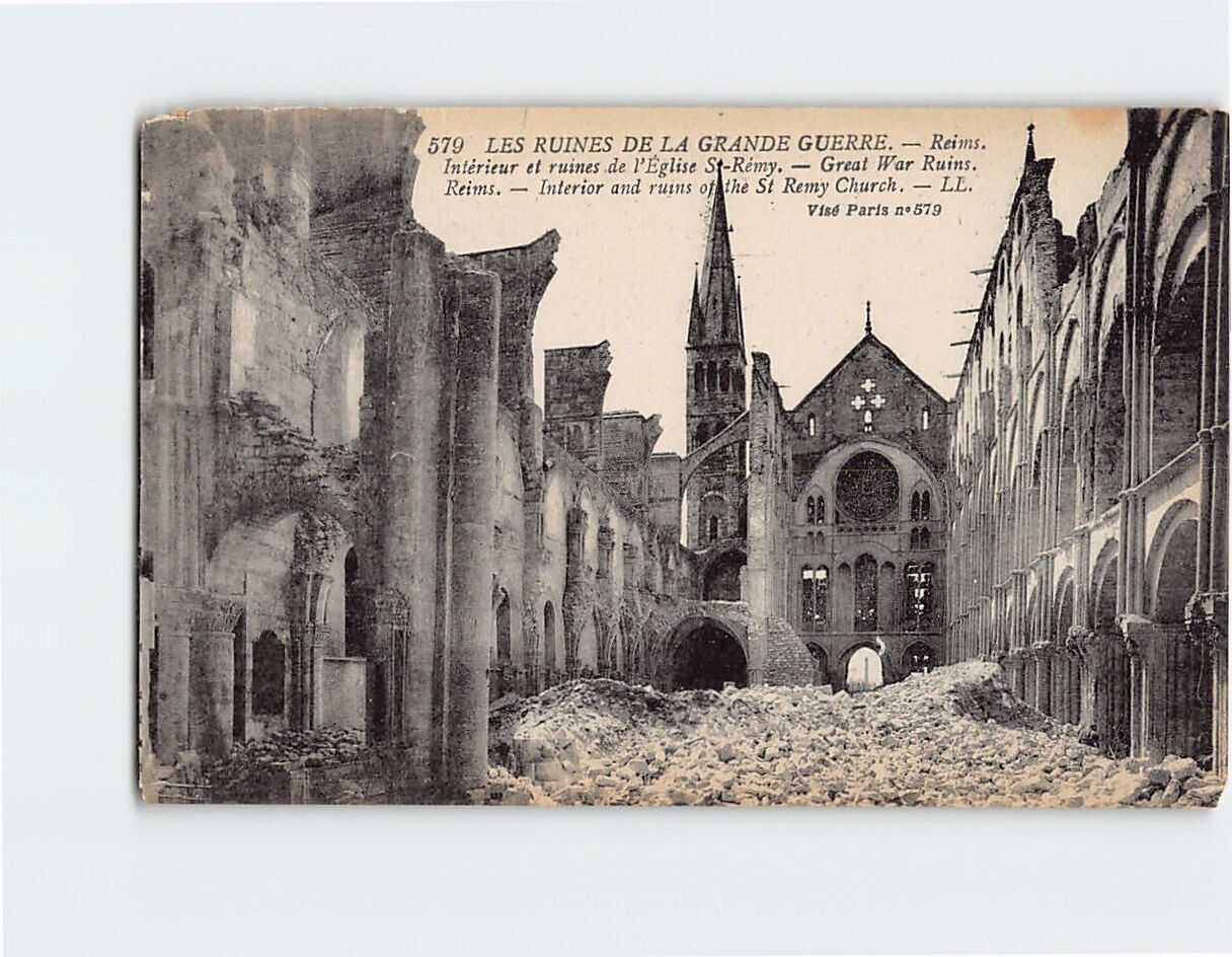 Postcard Great War Ruins, Interior & ruins of the St. Remy Church, Paris France