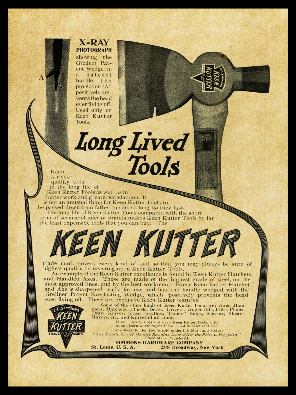 1905 Simmons Hardware NEW Metal Sign: Keen Kutter Hatchet Cutaway Picture