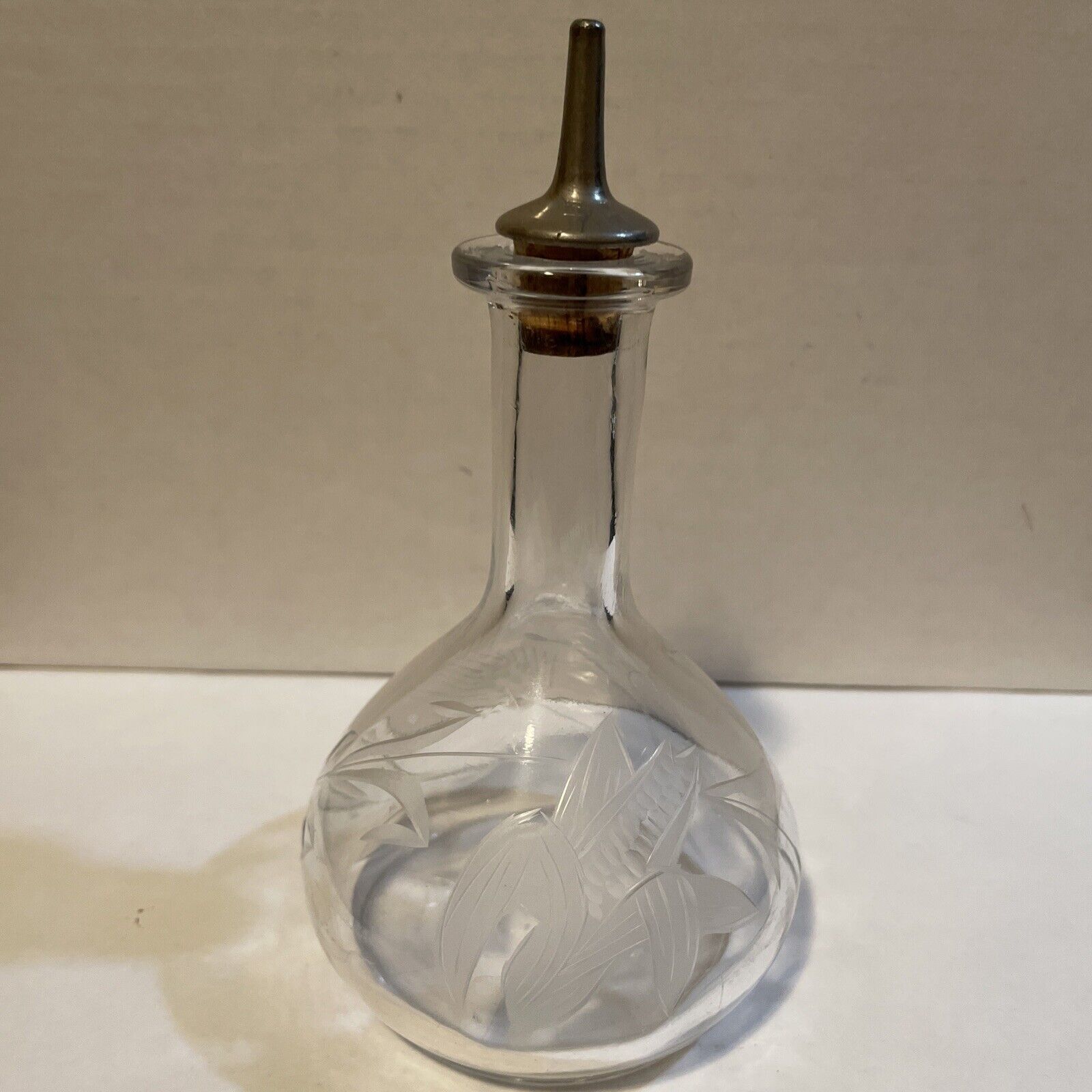 Etched Crystal Glass Oil Cruet Vintage Mid Century Modern Floral
