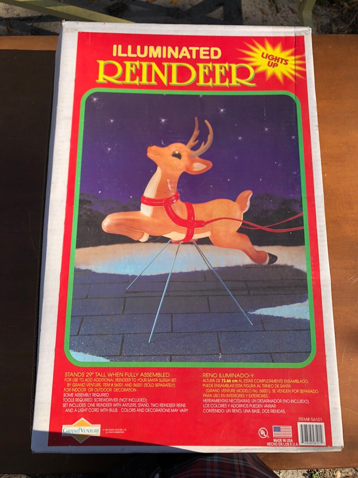 NEW Vintage 1999 Grand Venture Blow Mold Lighted Reindeer Santa X-Mas NEW