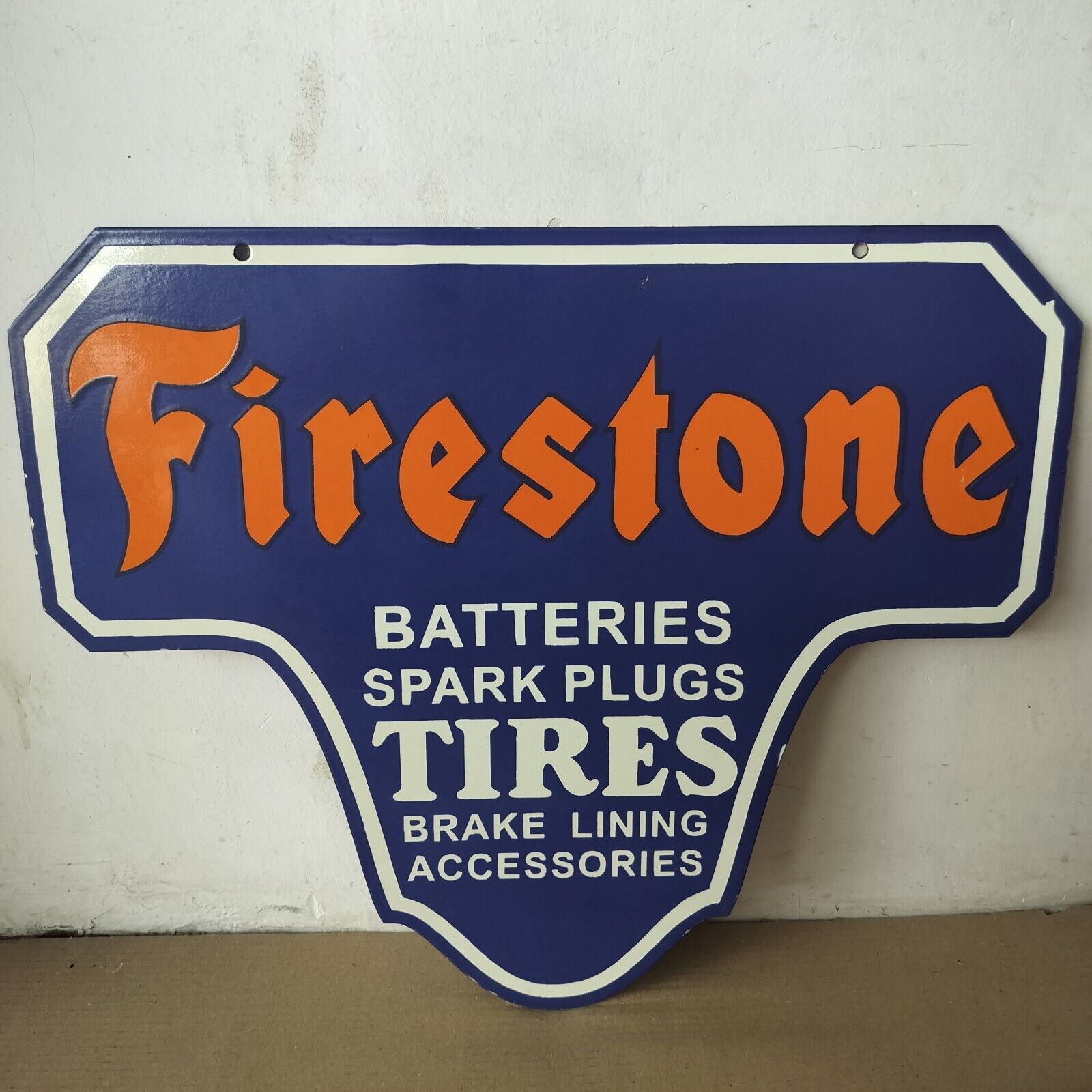 Firestone Batteries spark Plugs Tires Porcelain Enamel Sign  24x20 Inches 2 Side