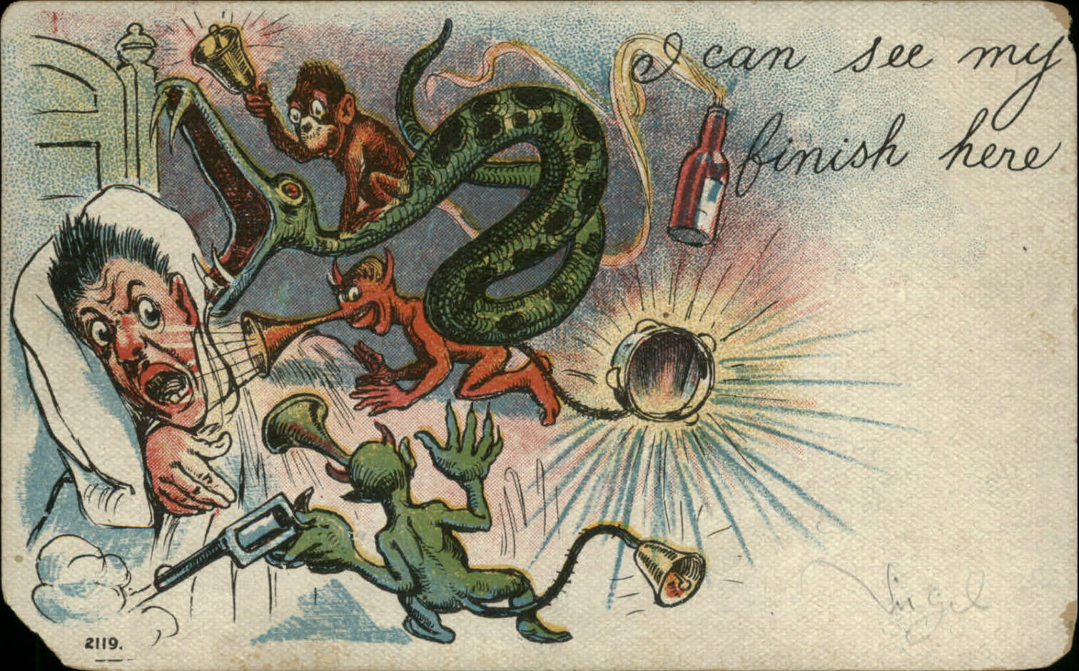 Comic nightmare snake monkey devil pistol tambourine alcohol DT\'s? UDB 1907 PC