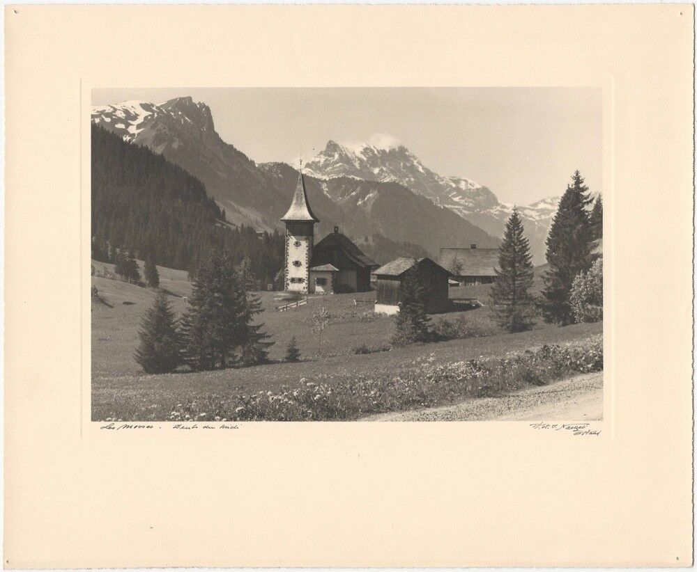 Jacques Naegeli Gstaad Swiss Mountain Landscape with Wooden Church Signed Photo