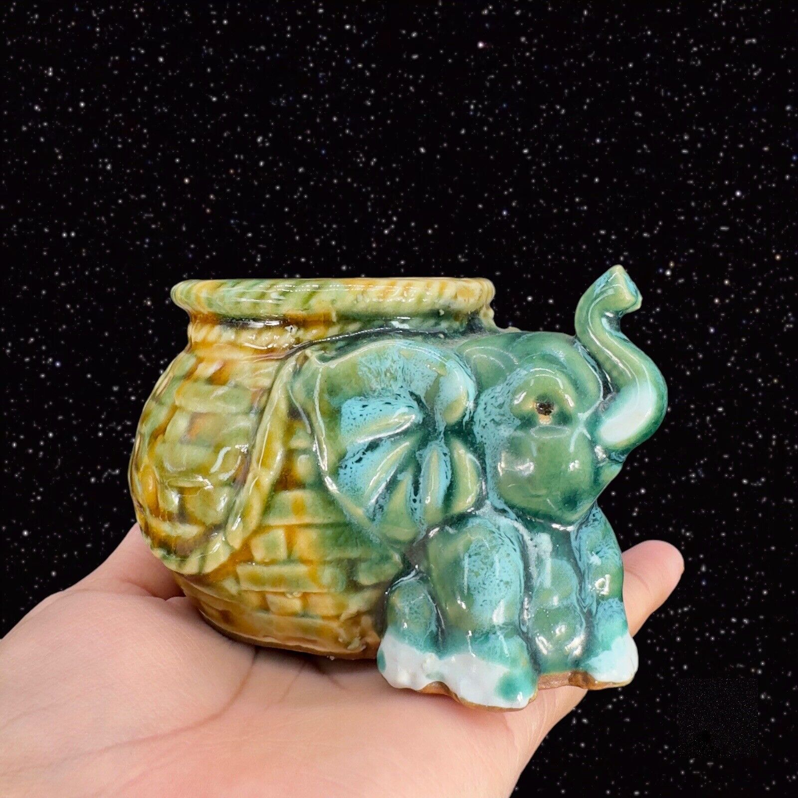 Vintage Ceramic Elephant Majolica Style Planter Bowl Whimsical Figural 4\