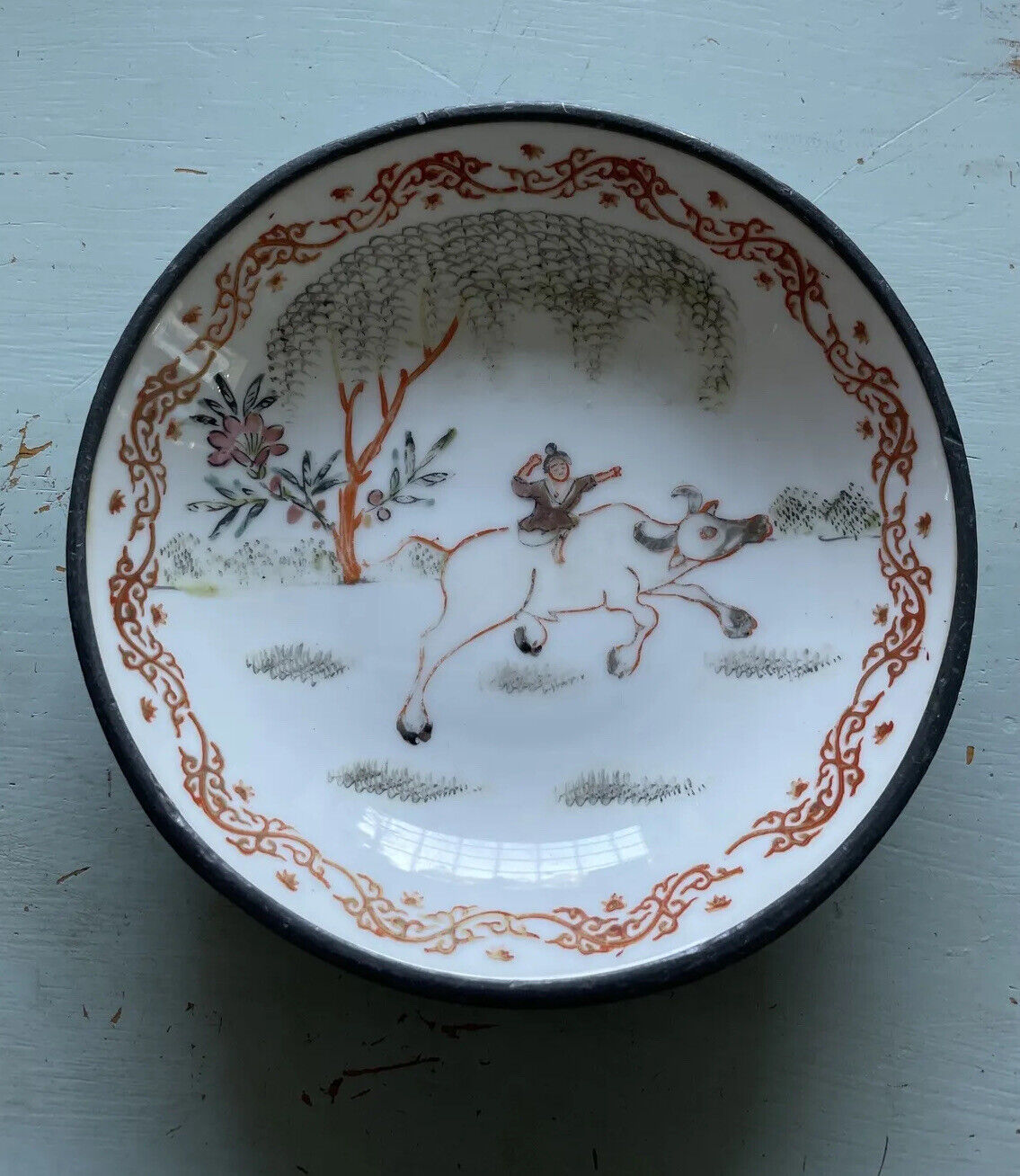 Antique Japanese Porcelain Ware Pewter Encased Bowl Decorated Hong Kong Rare