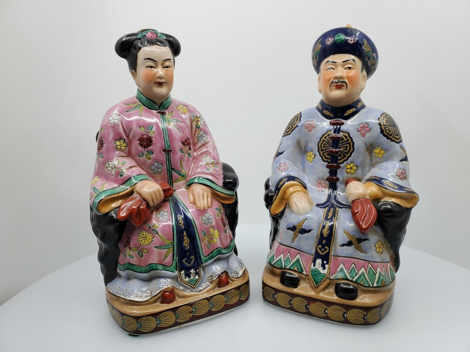 Vintage Chinese Figurines of a Man and Woman in Kimonos, Seated Noble Couple 