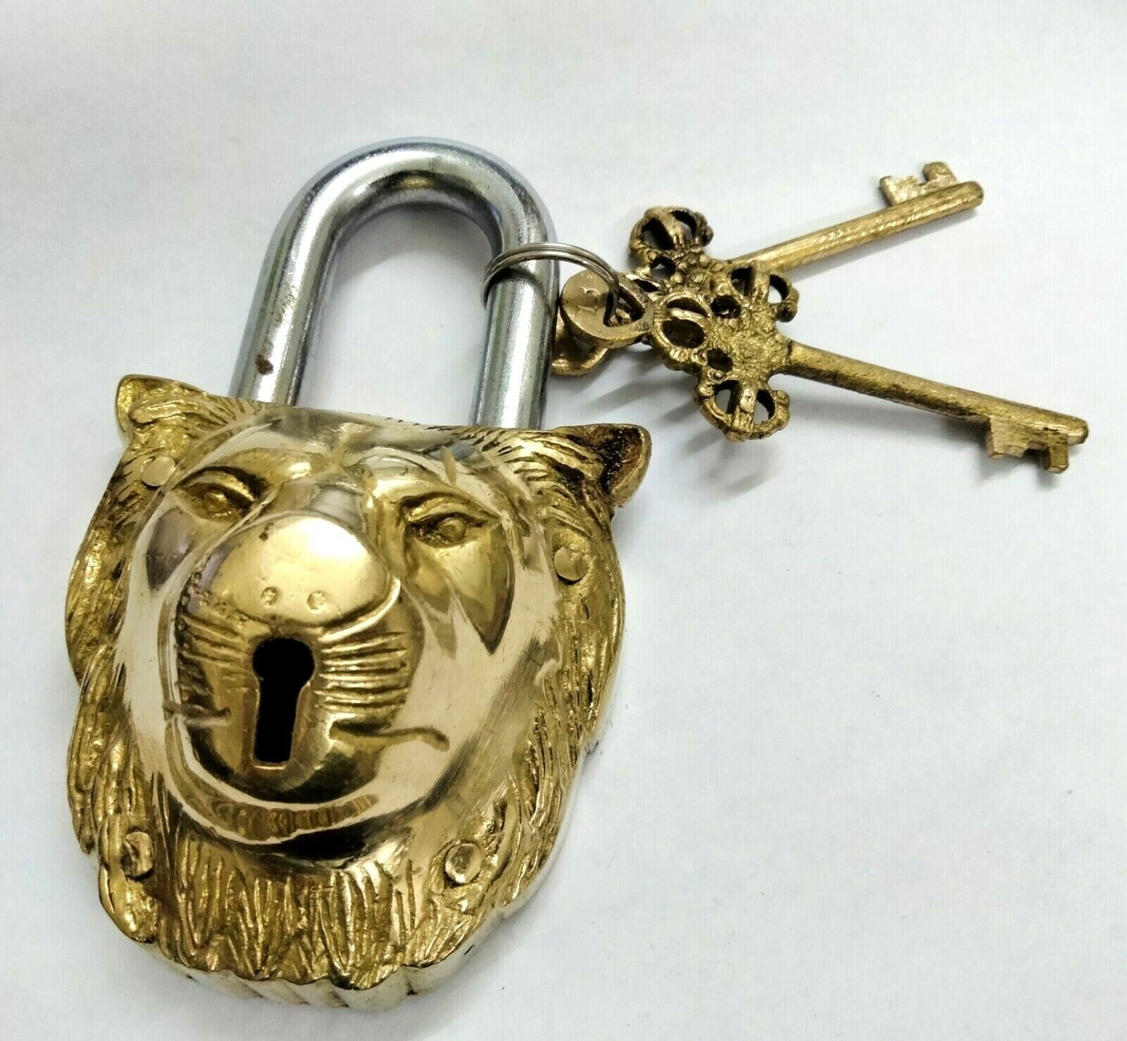 Brass Made Vintage Padlock Lion Face Lock with Working Key Rare Old Style
