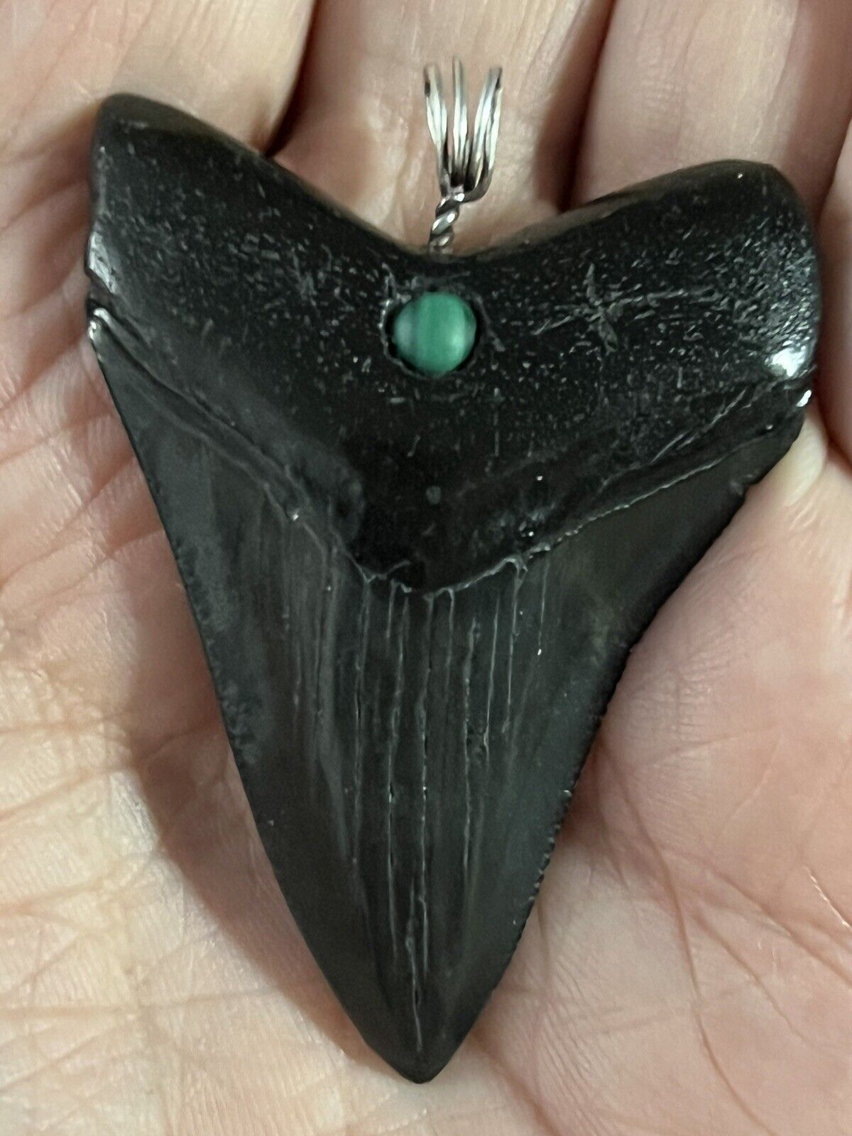 MEGALODON SHARK TOOTH FOSSIL, GREEN STONE INLAY, PENDANT