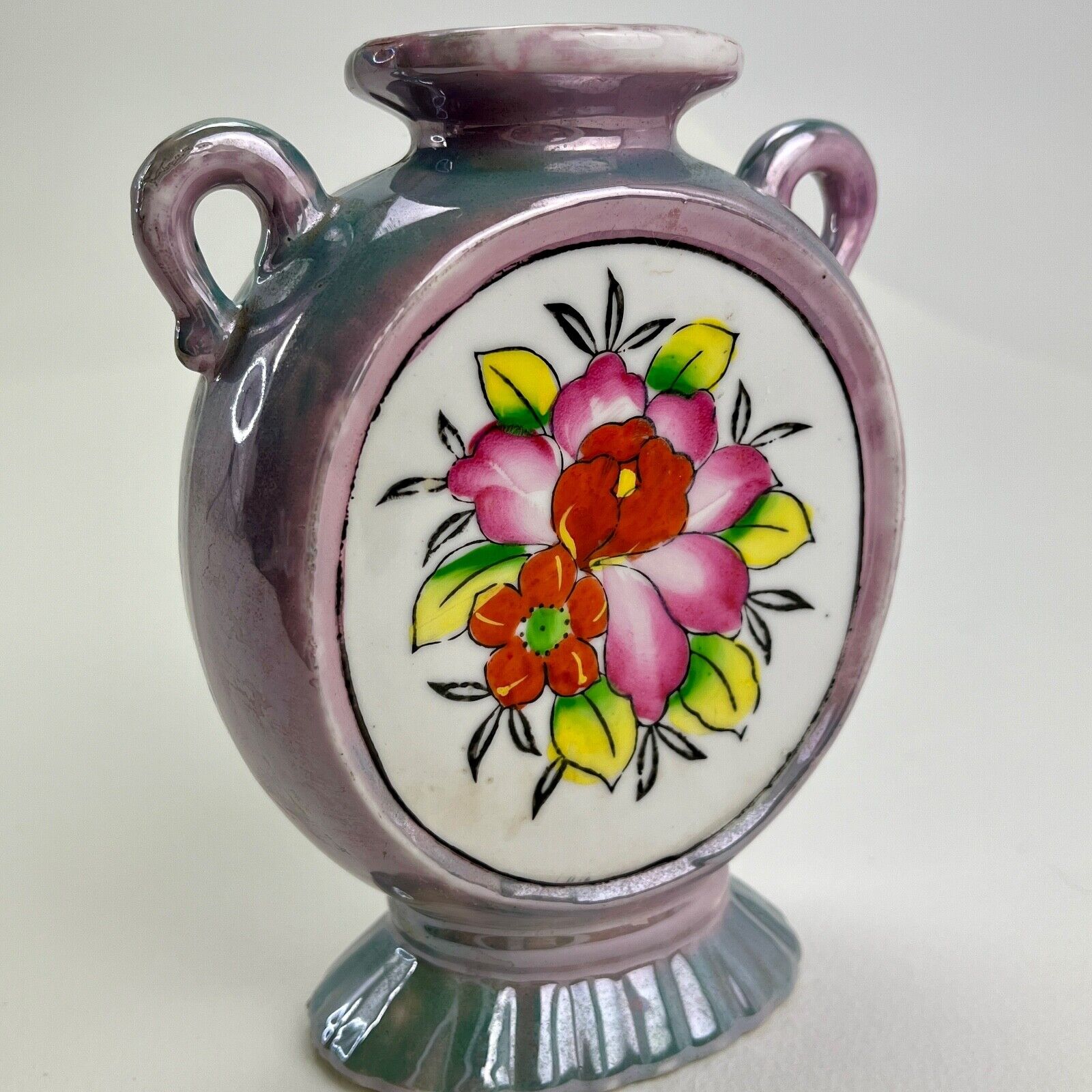 Lusterware Moon Flask Vase 30s Japan Vintage Floral Lavender Tint